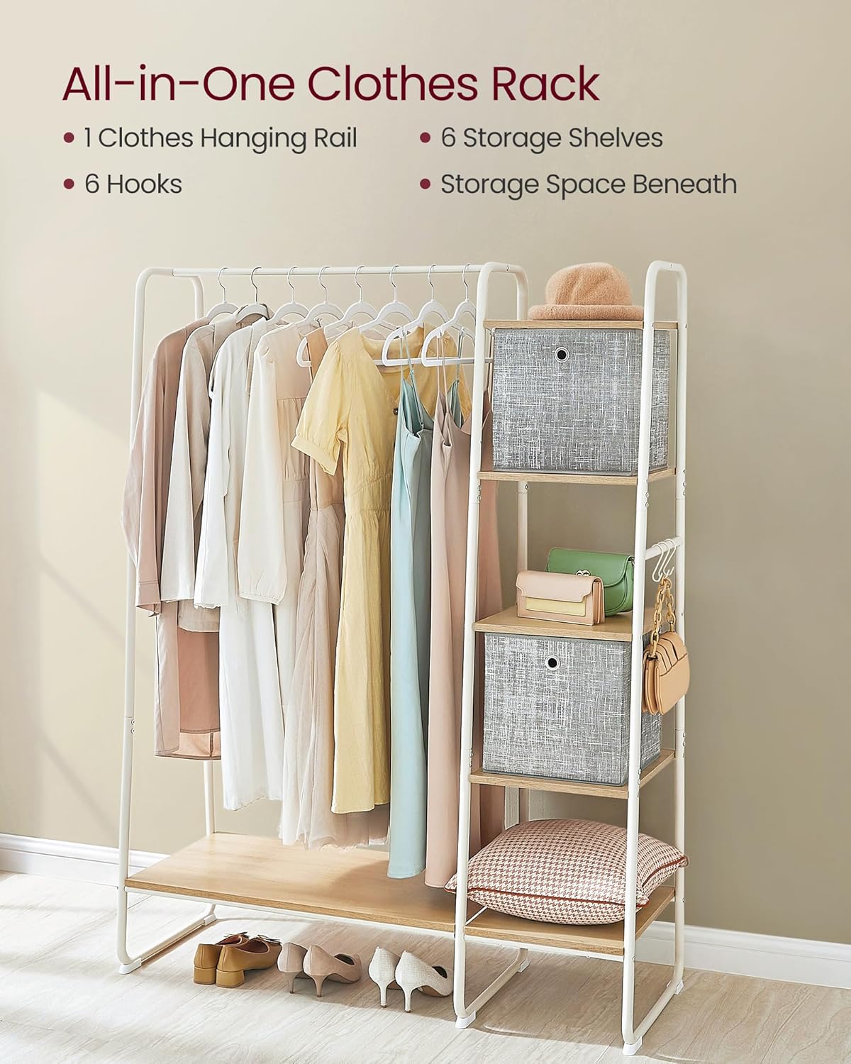 VASAGLE Clothes Rail, Clothes Rack with Shoe Shelf, 5-Tier Storage Rack, 6 Side Hooks, for Bedroom, Living Room, Natural Oak and White RGR116W09
