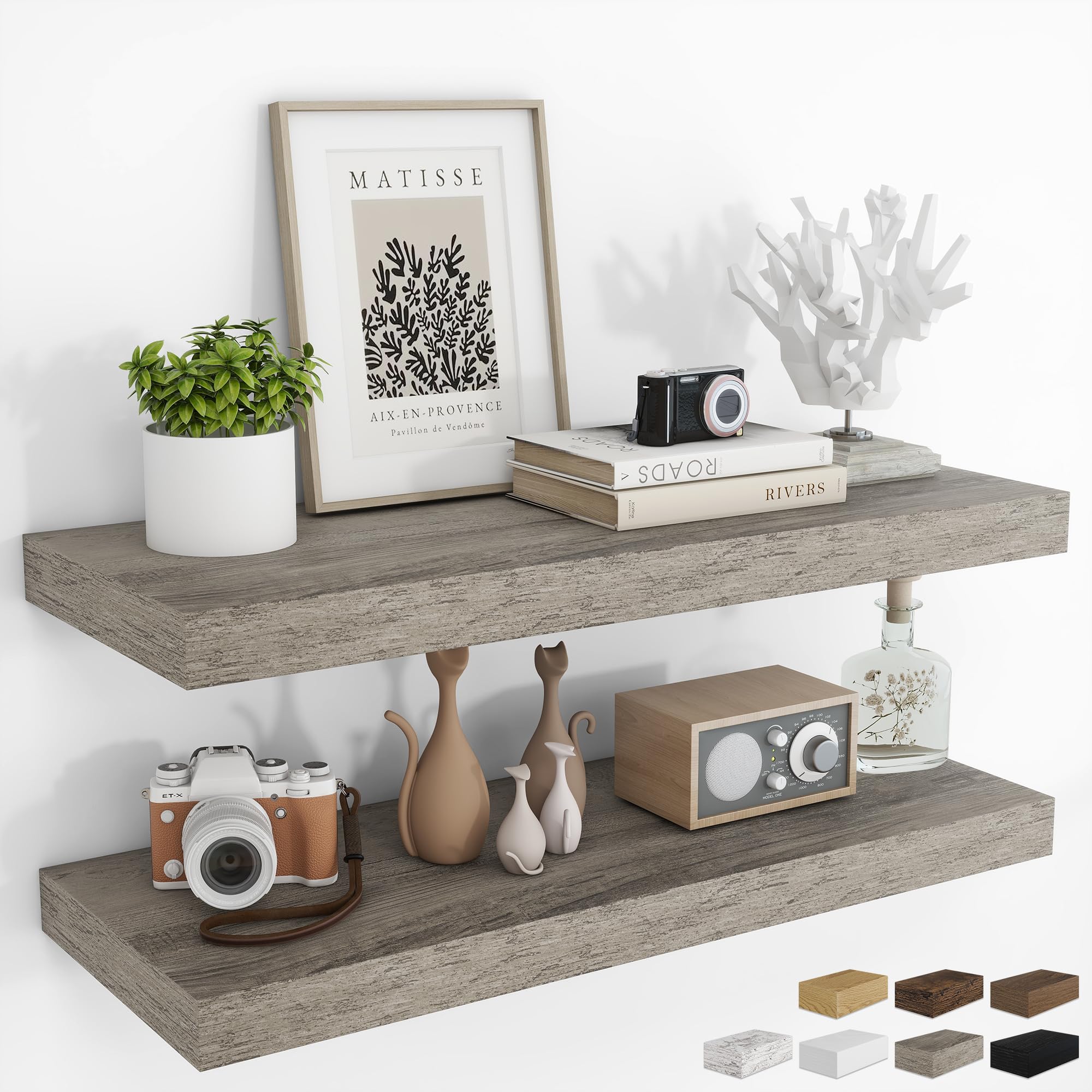 RICHFOCUS 24Inch Floating Shelves for Wall 2 Pack Shelves for Bedroom|Kitchen|Bathroom Wall Mounted Rustic Wood Floating Shelf with Invisible Brackets for Books|Storage|Decor, Oak