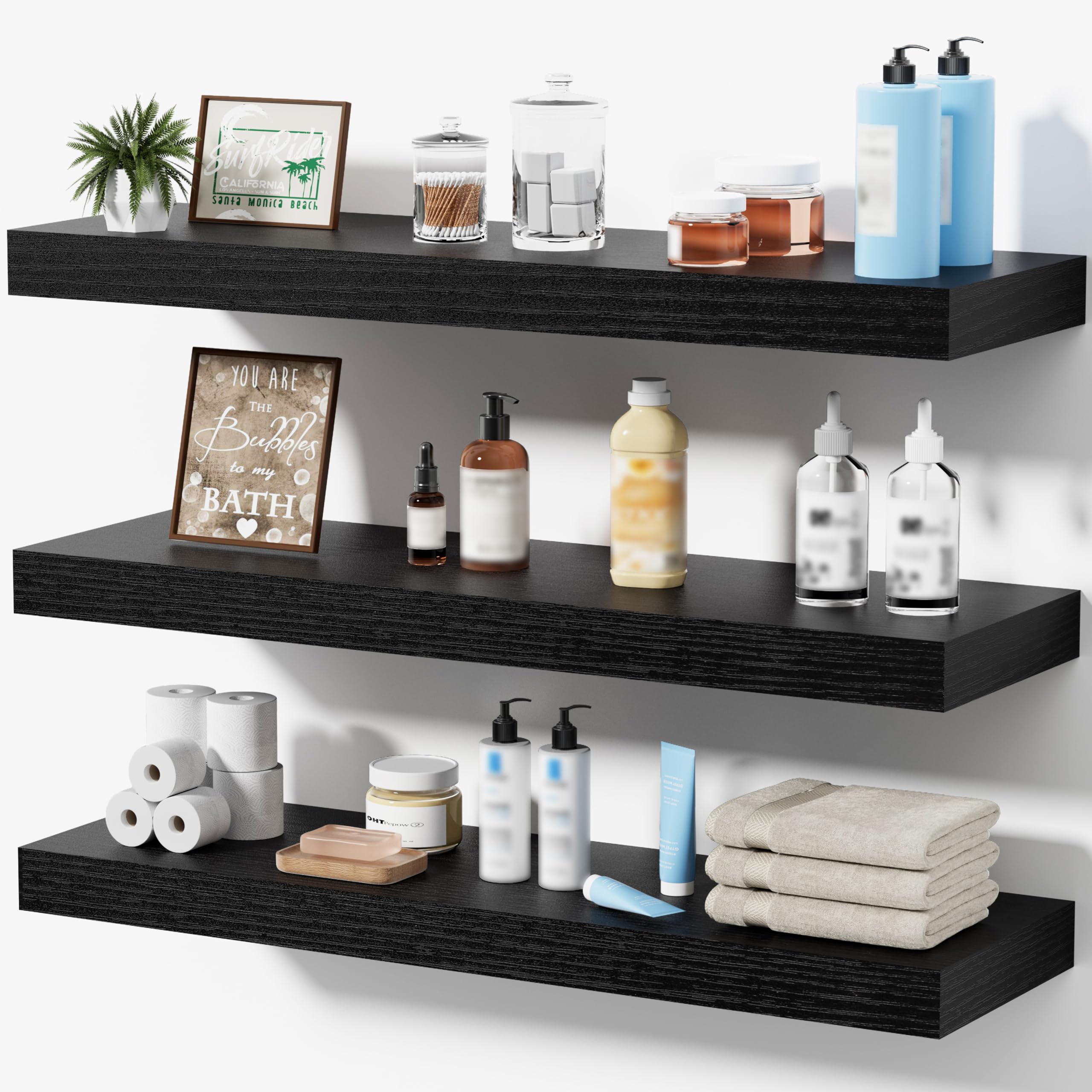 Oak Floating Shelves for Bathroom & Living Room Decor, 24 Inch Rustic Wood Wall Mounted Shelves for Plants, Books, Towels & Storage Display, Set of 2