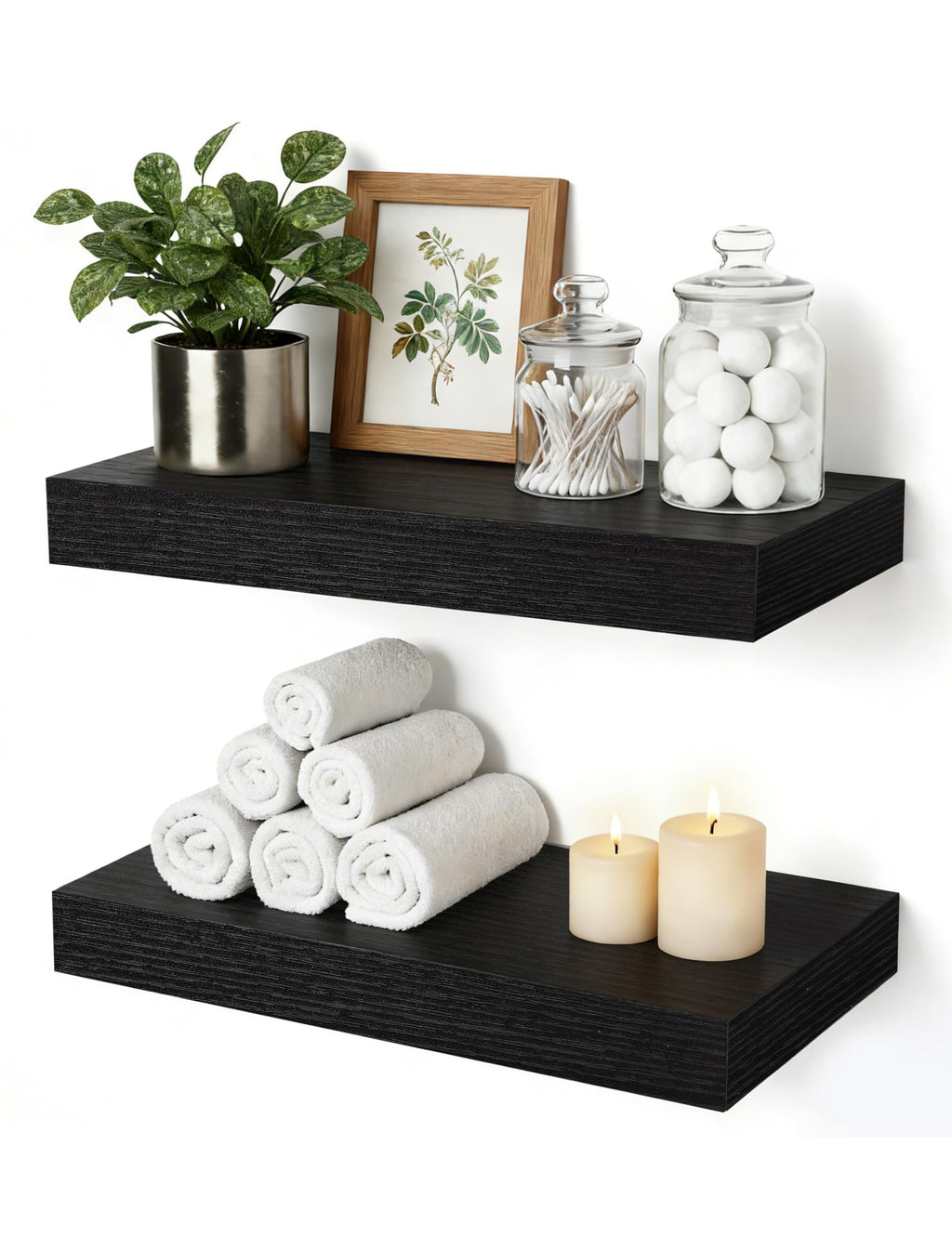 Oak Floating Shelves for Bathroom & Living Room Decor, 24 Inch Rustic Wood Wall Mounted Shelves for Plants, Books, Towels & Storage Display, Set of 2