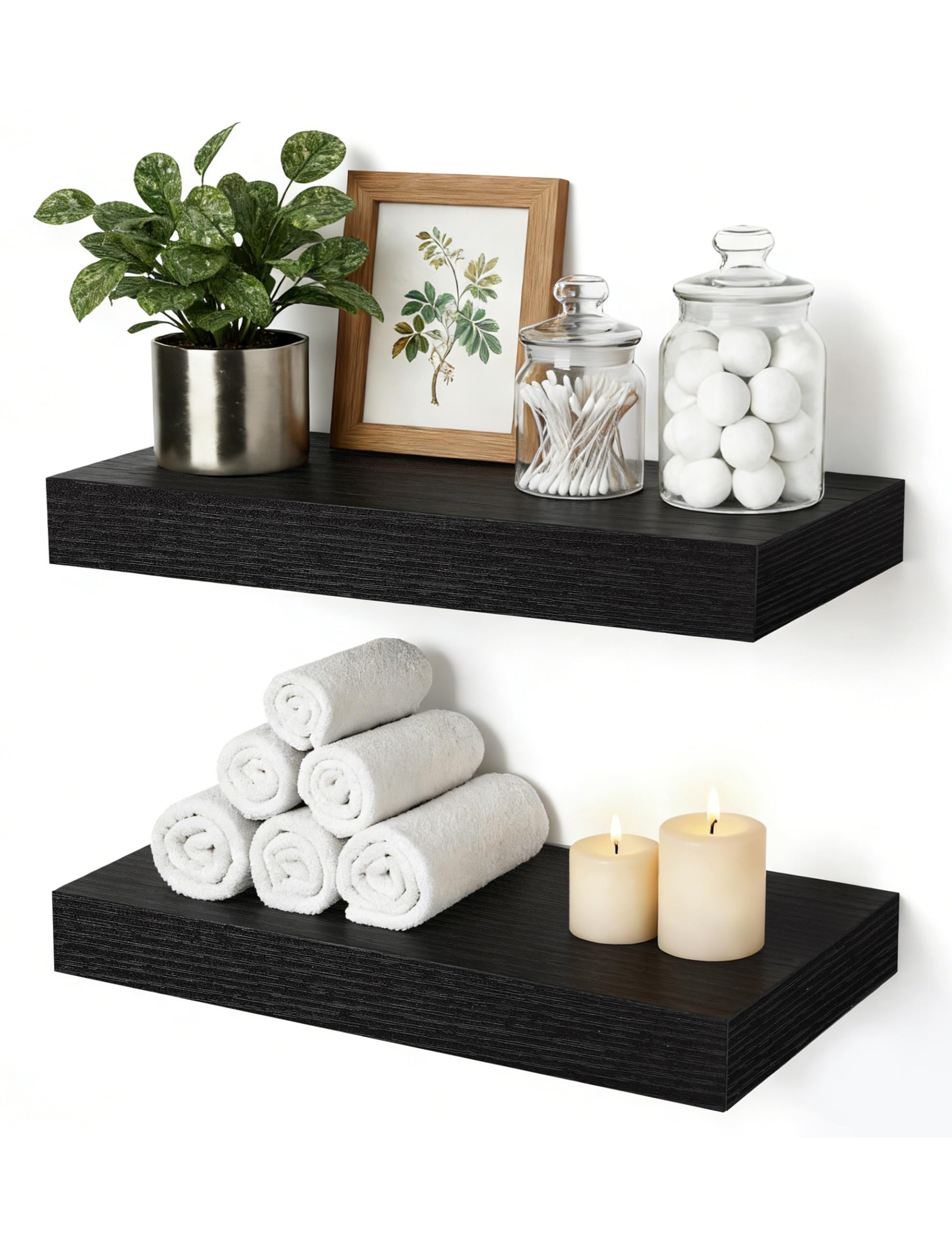 Oak Floating Shelves for Bathroom & Living Room Decor, 24 Inch Rustic Wood Wall Mounted Shelves for Plants, Books, Towels & Storage Display, Set of 2