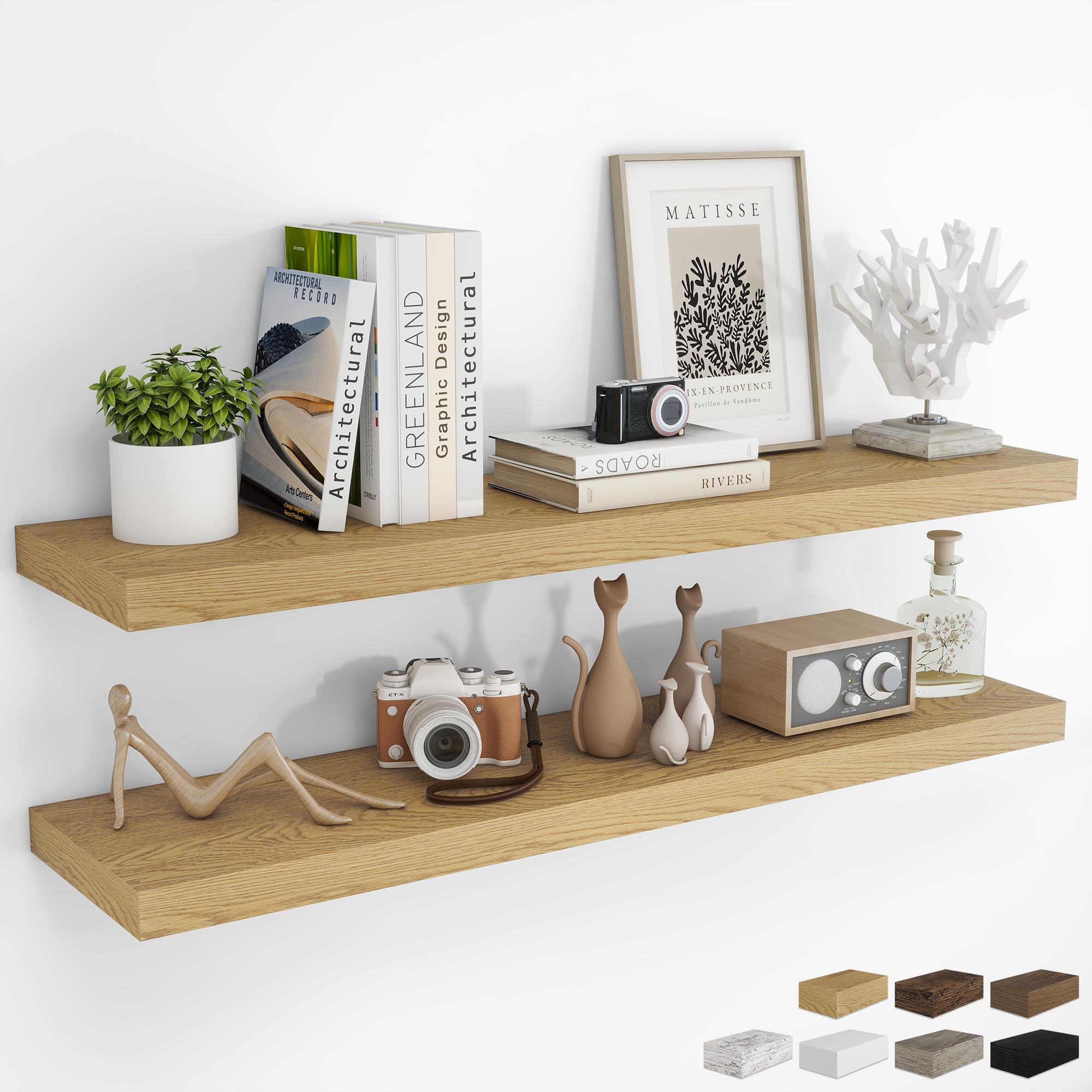 RICHFOCUS 24Inch Floating Shelves for Wall 2 Pack Shelves for Bedroom|Kitchen|Bathroom Wall Mounted Rustic Wood Floating Shelf with Invisible Brackets for Books|Storage|Decor, Oak