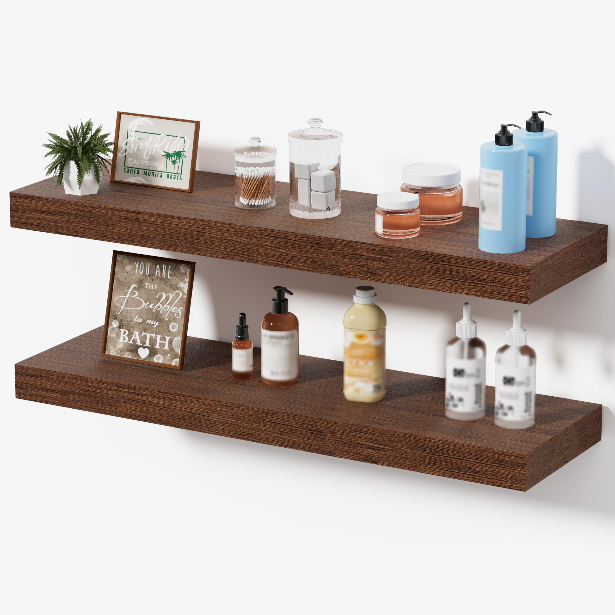 Oak Floating Shelves for Bathroom & Living Room Decor, 24 Inch Rustic Wood Wall Mounted Shelves for Plants, Books, Towels & Storage Display, Set of 2