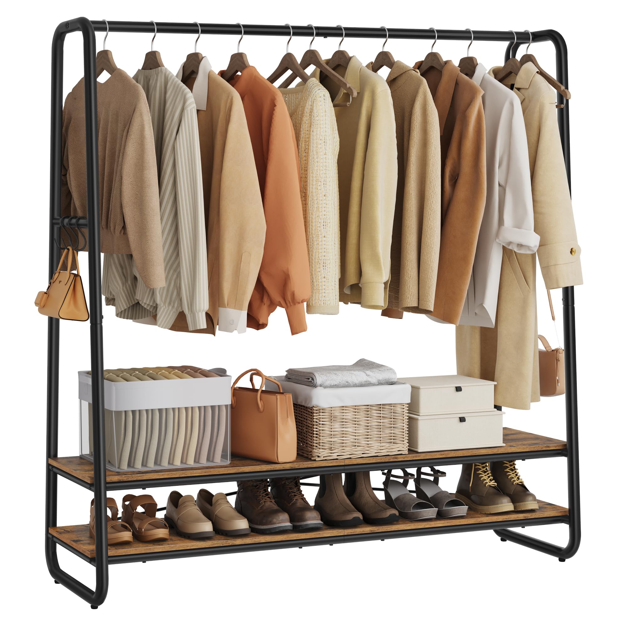 VASAGLE Clothes Rail, Clothes Rack with Shoe Shelf, 5-Tier Storage Rack, 6 Side Hooks, for Bedroom, Living Room, Natural Oak and White RGR116W09