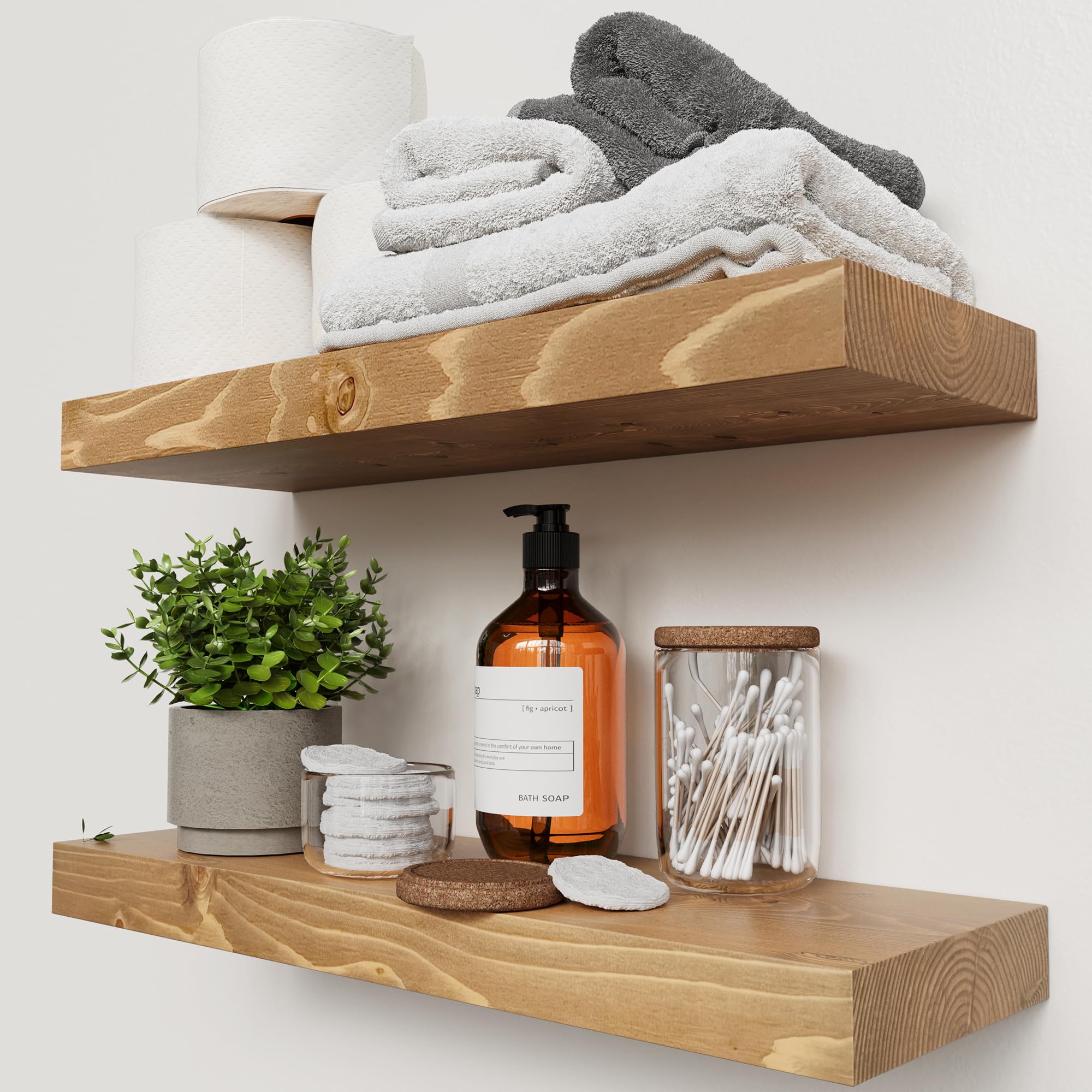 BAOBAB WORKSHOP Wood Floating Shelves for Wall Mounted, 16 inch Walnut Floating Shelf for Bathroom, Solid Wooden Wall Shelves for Kitchen Bedroom Farmhouse, Walnut Finish, 16 x 6.7, Set of 2