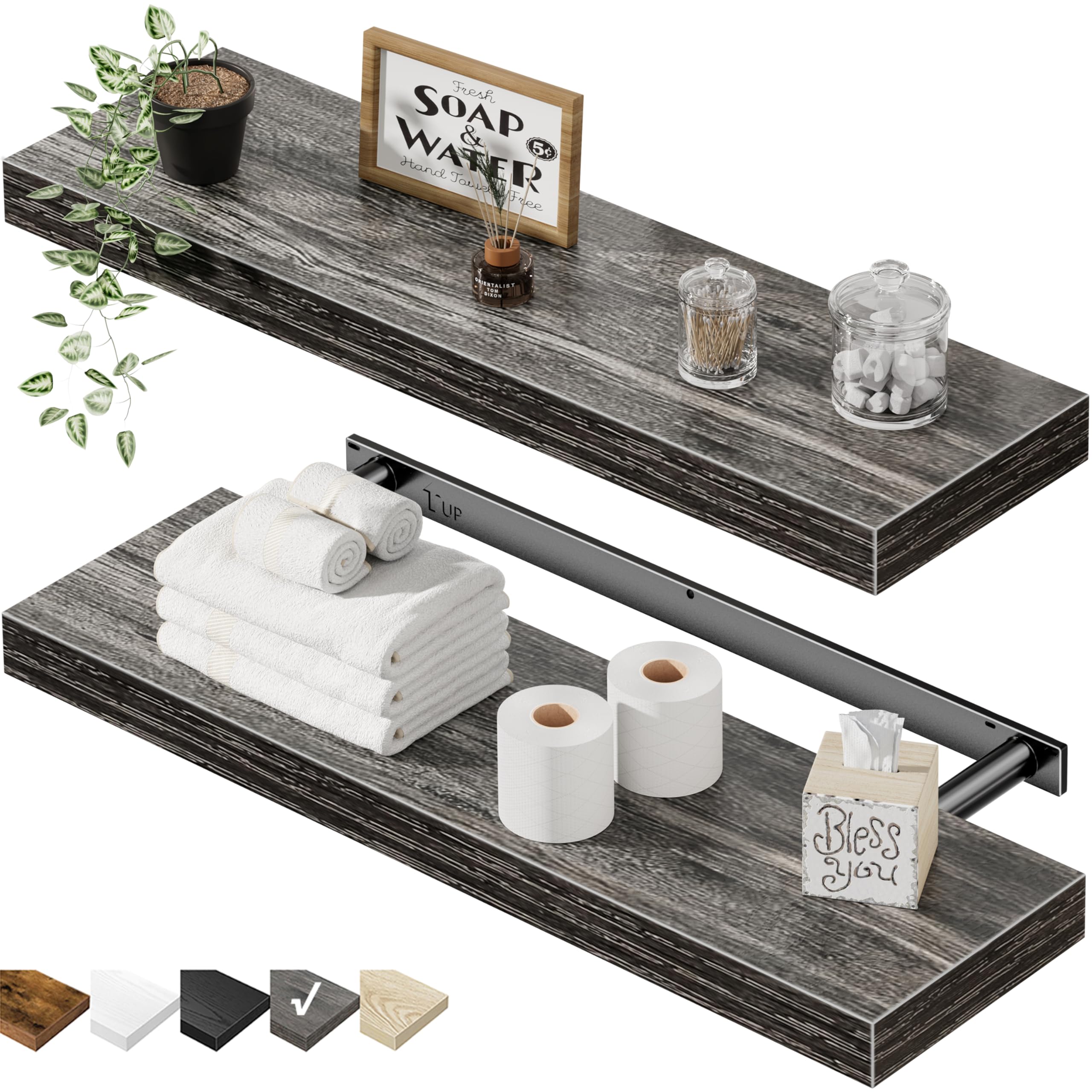 QEEIG Floating Shelves for Wall 23.6" Long - Wall Mounted Shelf Bathroom Kitchen Living Room Bedroom Farmhouse Home Decor Display Bookshelf Set of 2, Rustic Brown (008-60BN)