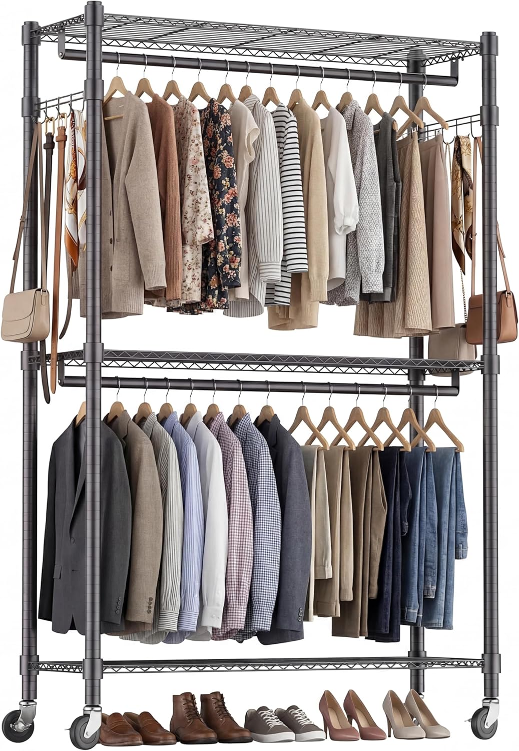 Himimi Double Rod Garment Rack/Clothes Rail with Height-Adjustable Shelves, Heavy Duty Clothes Rack with 2 Hooks, Clothes Rails with Wheels, 90 * 42 * 205cm, Black