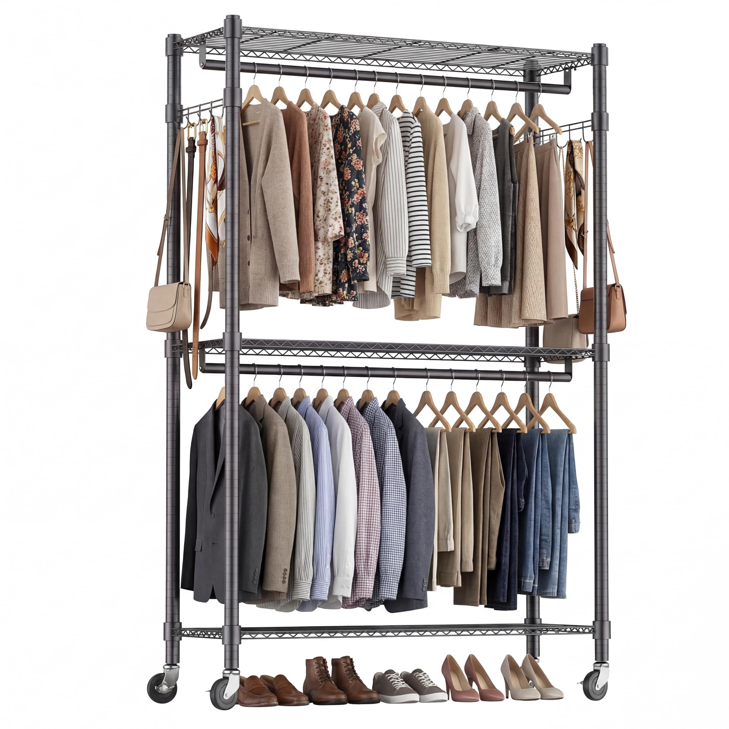 Himimi Double Rod Garment Rack/3 tier Clothes Rail with Height-Adjustable Shelves, Heavy Duty Clothes Rack with 2 Hooks, Clothes Rails with Wheels, 90 * 42 * 205cm, Grey