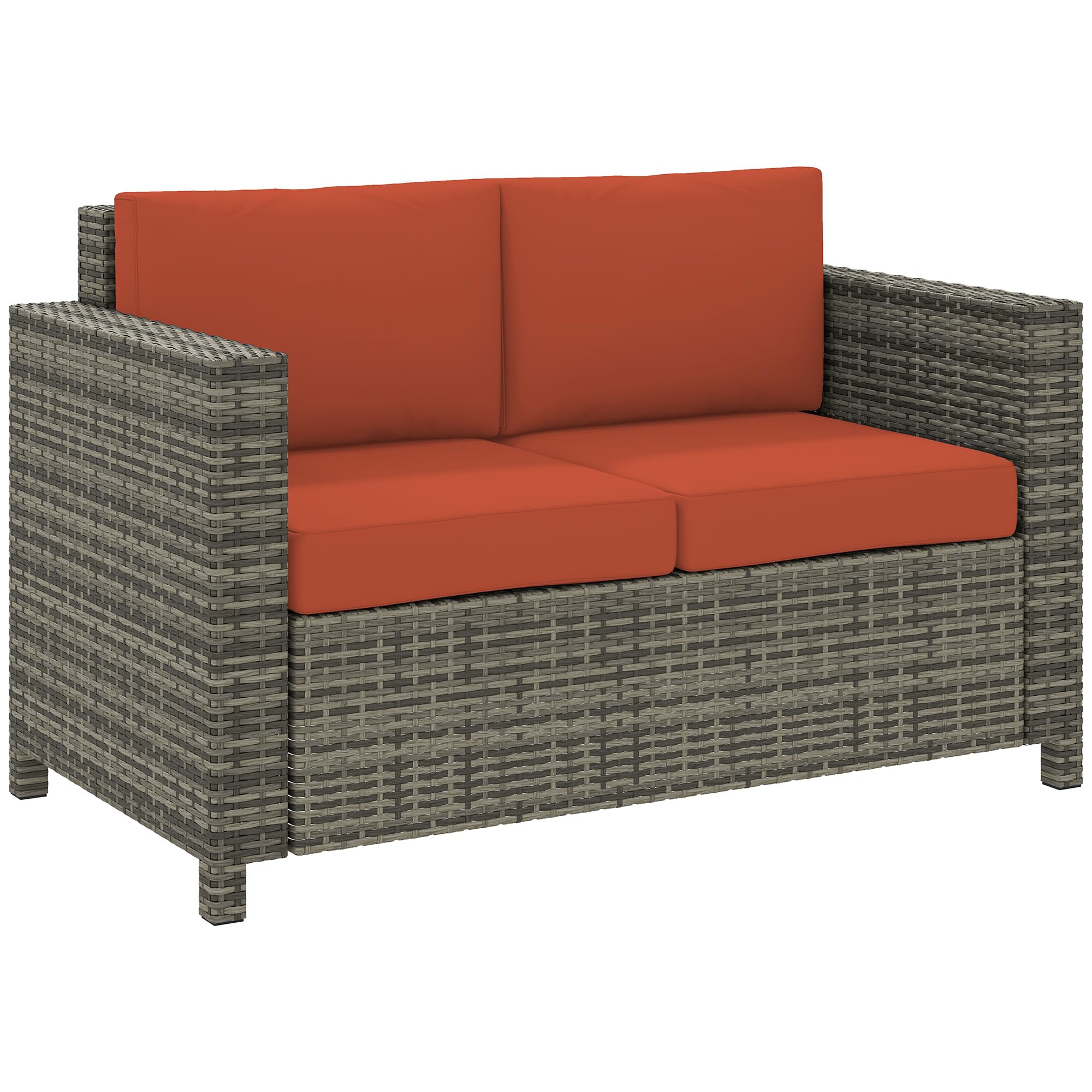 Outsunny Rattan Sofa, 2 Seater Garden Furniture with Soft Padded Cushion and Armrests, Wicker Garden Loveseat for Patio, Mixed Grey