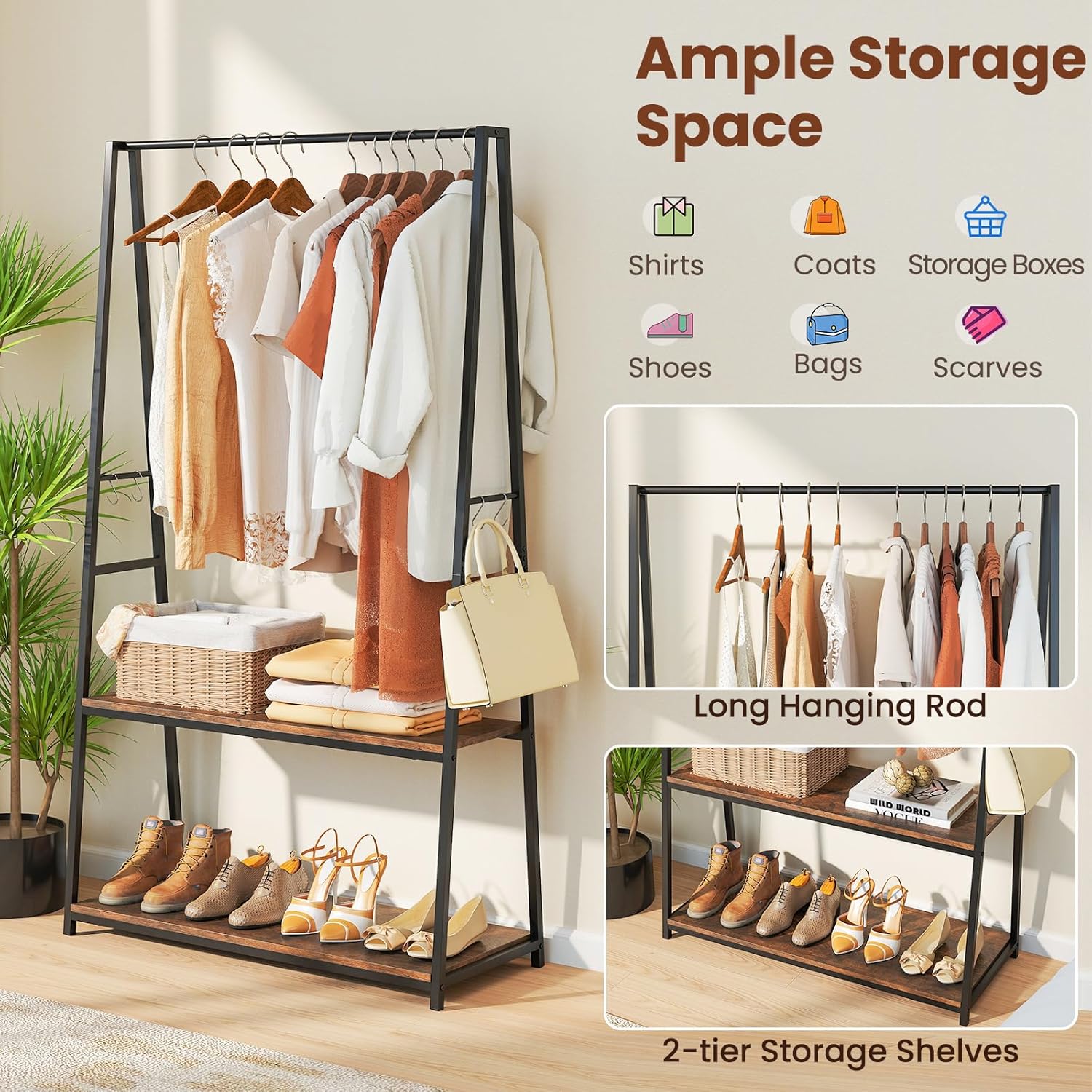 COSTWAY Clothes Rail, Freestanding Garment Rack Clothes Stand with Hanging Rail, 2 Storage Shelves and 4 Hooks, Heavy-duty Metal Frame Clothing Rack Coat Hanger for Bedroom Closet (Black+Rustic Brown)