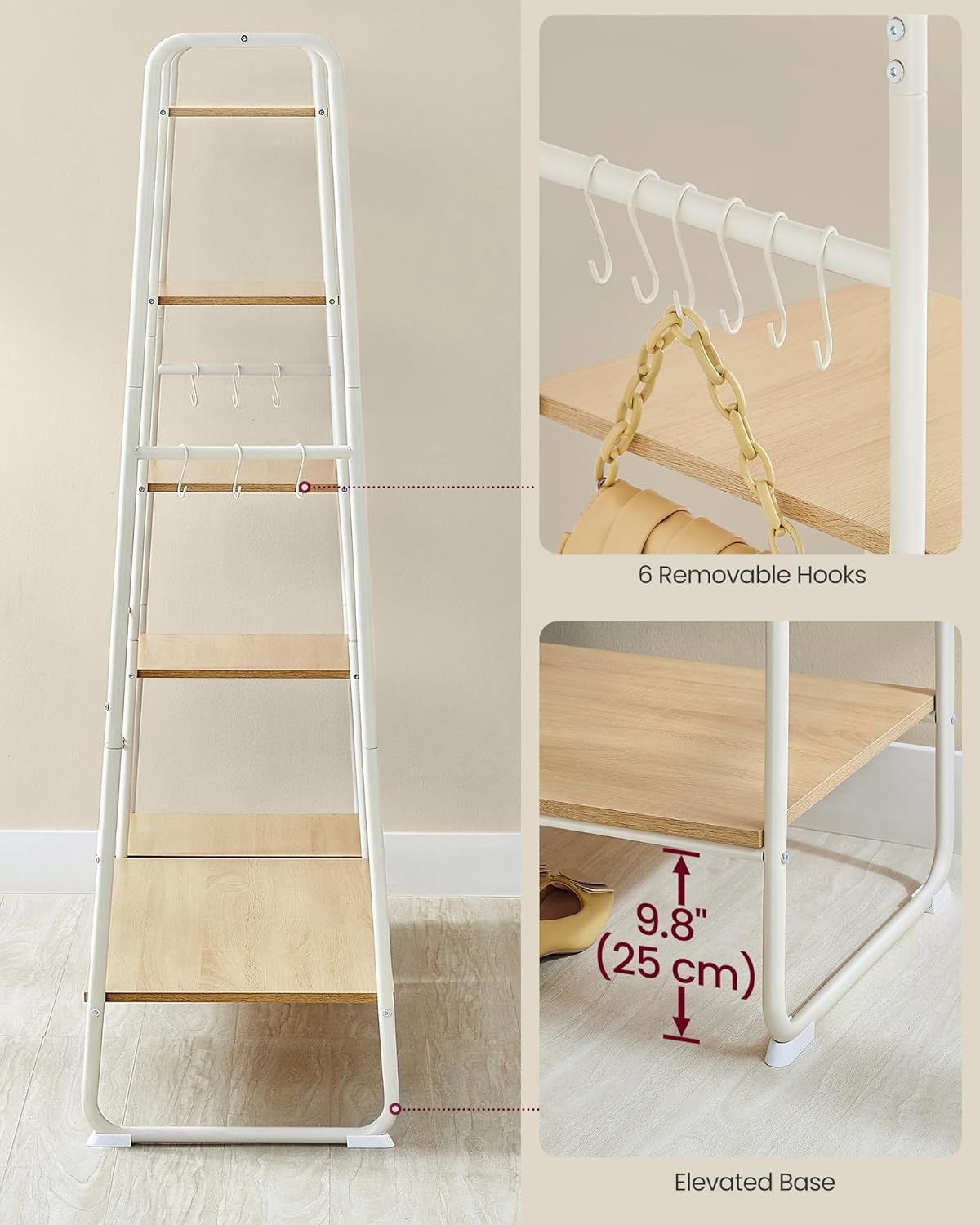 VASAGLE Clothes Rail, Clothes Rack with Shoe Shelf, 5-Tier Storage Rack, 6 Side Hooks, for Bedroom, Living Room, Natural Oak and White RGR116W09
