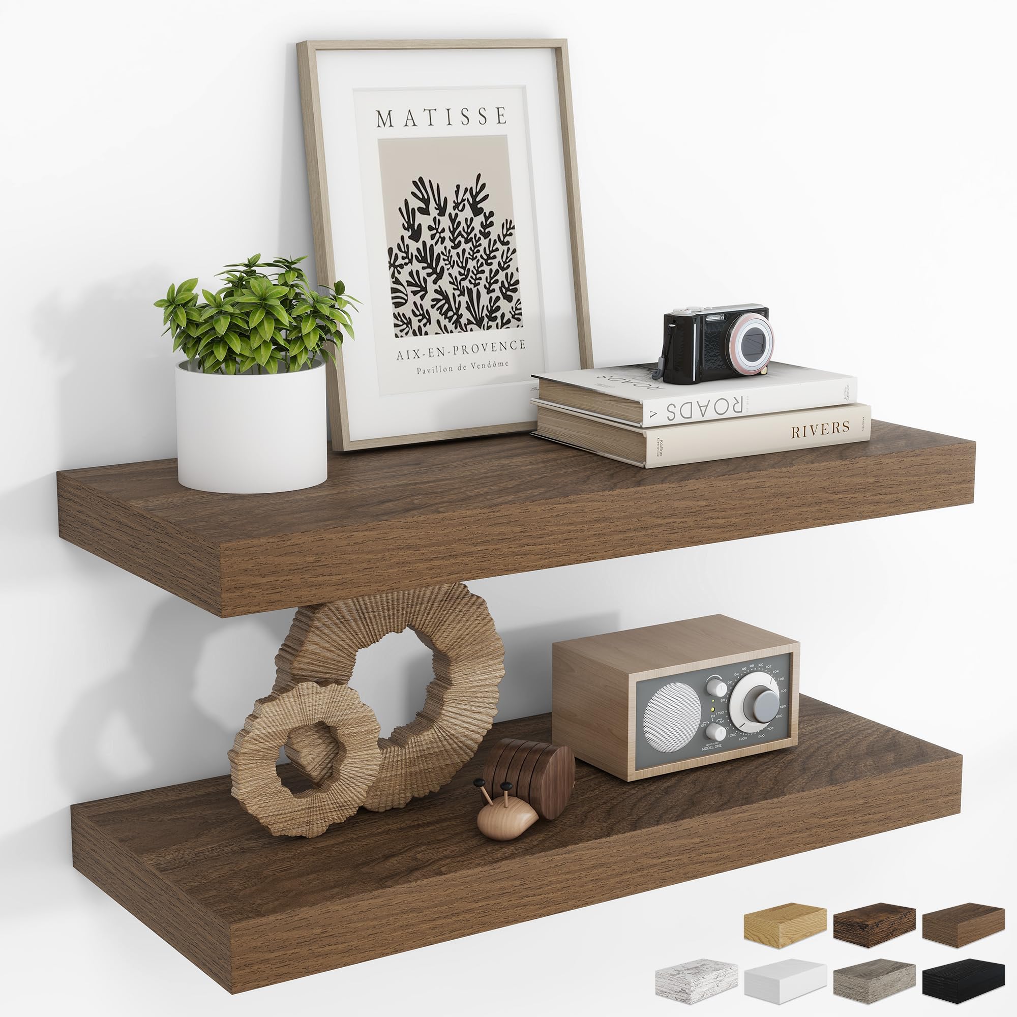 RICHFOCUS 24Inch Floating Shelves for Wall 2 Pack Shelves for Bedroom|Kitchen|Bathroom Wall Mounted Rustic Wood Floating Shelf with Invisible Brackets for Books|Storage|Decor, Oak