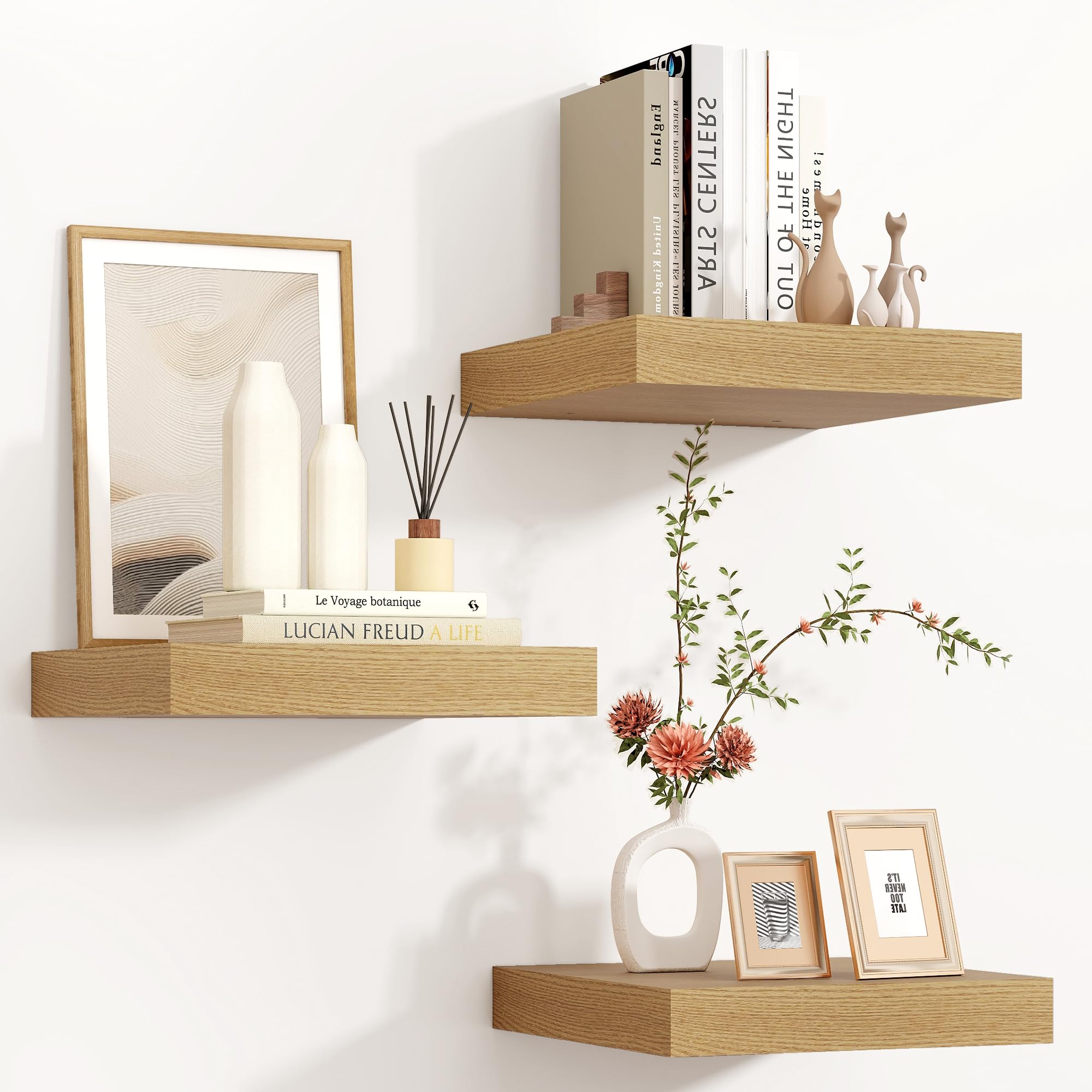 Venusmiles Floating Shelves for Wall 24 inch Long, Engineered Wood Wall Shelves with Invisible Brackets for Living Room Bedroom Bathroom Office Kitchen Decor and Storage, Oak Finish, Set of 2