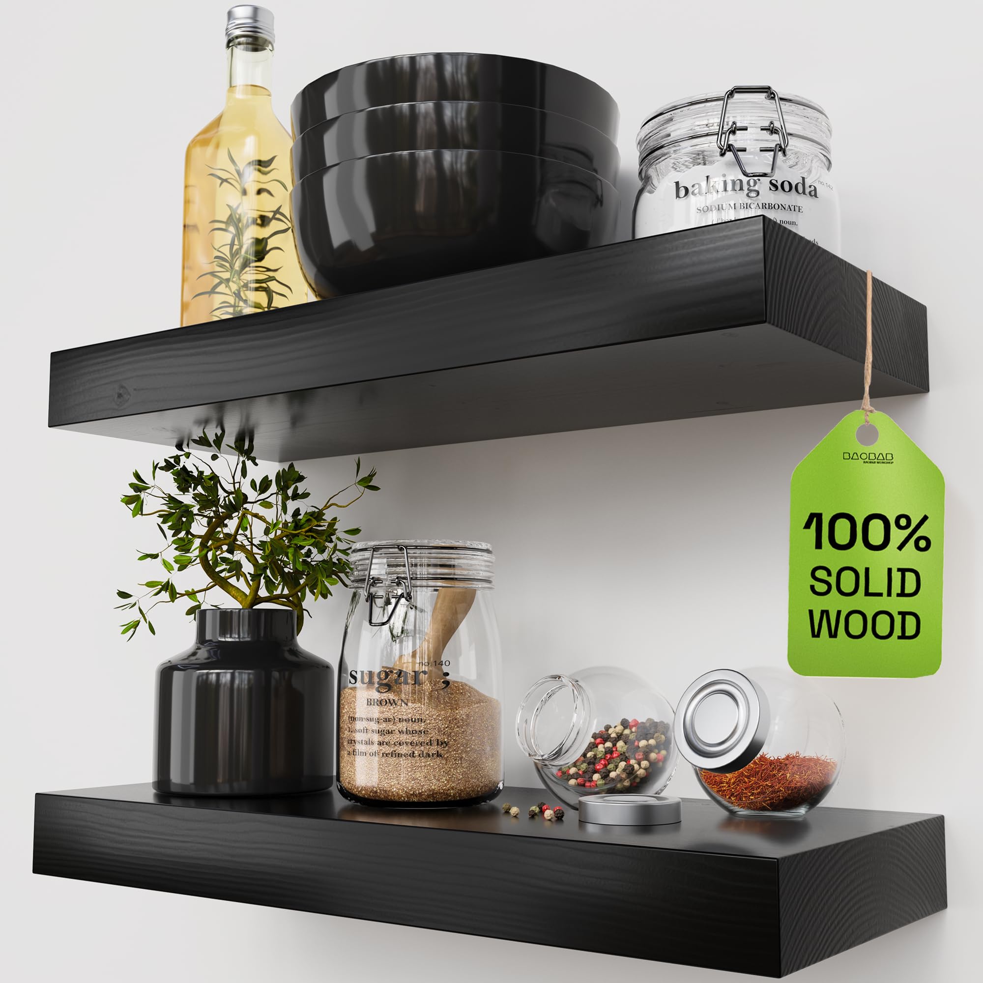 BAOBAB WORKSHOP Wood Floating Shelves for Wall Mounted, 16 inch Walnut Floating Shelf for Bathroom, Solid Wooden Wall Shelves for Kitchen Bedroom Farmhouse, Walnut Finish, 16 x 6.7, Set of 2