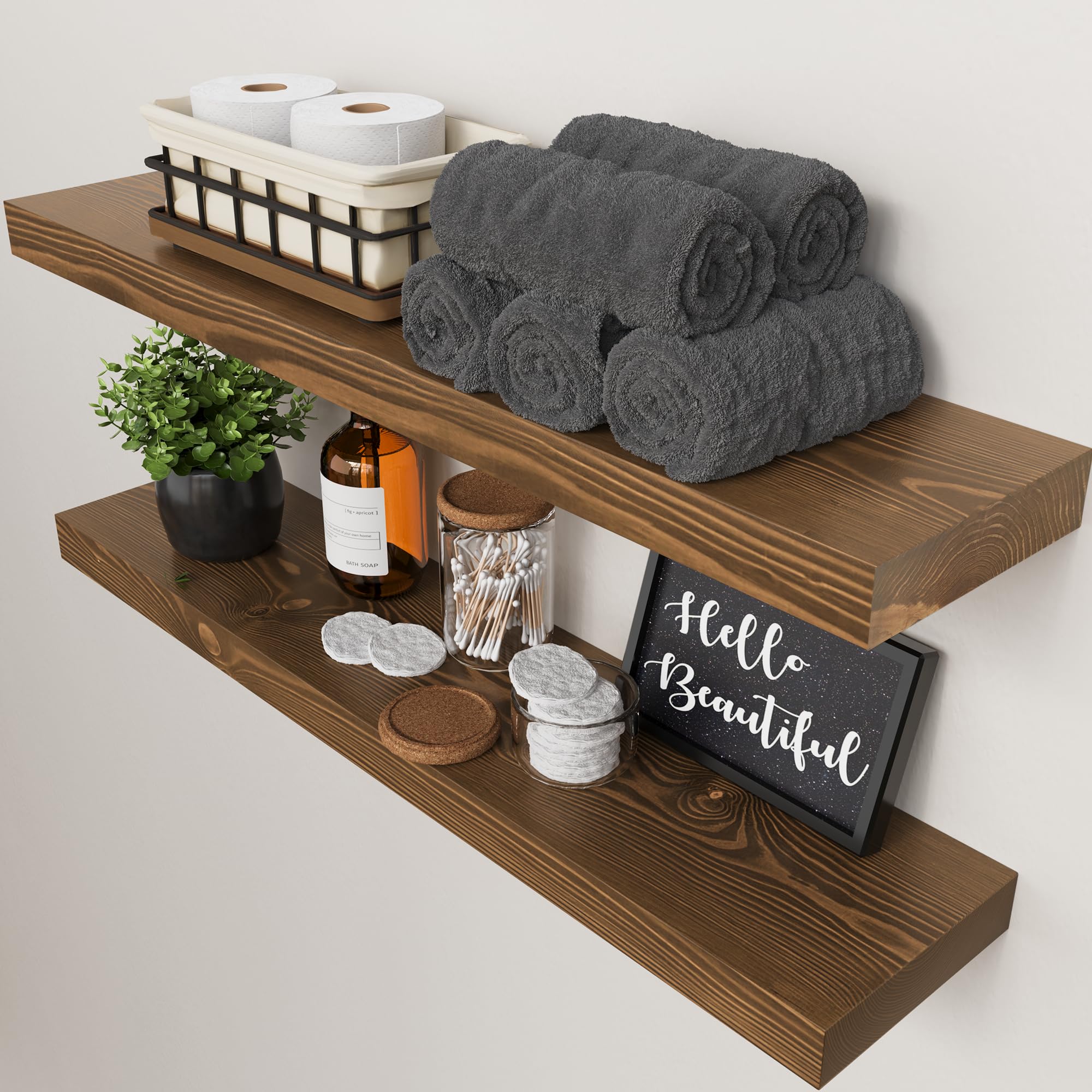BAOBAB WORKSHOP Wood Floating Shelves for Wall Mounted, 16 inch Walnut Floating Shelf for Bathroom, Solid Wooden Wall Shelves for Kitchen Bedroom Farmhouse, Walnut Finish, 16 x 6.7, Set of 2