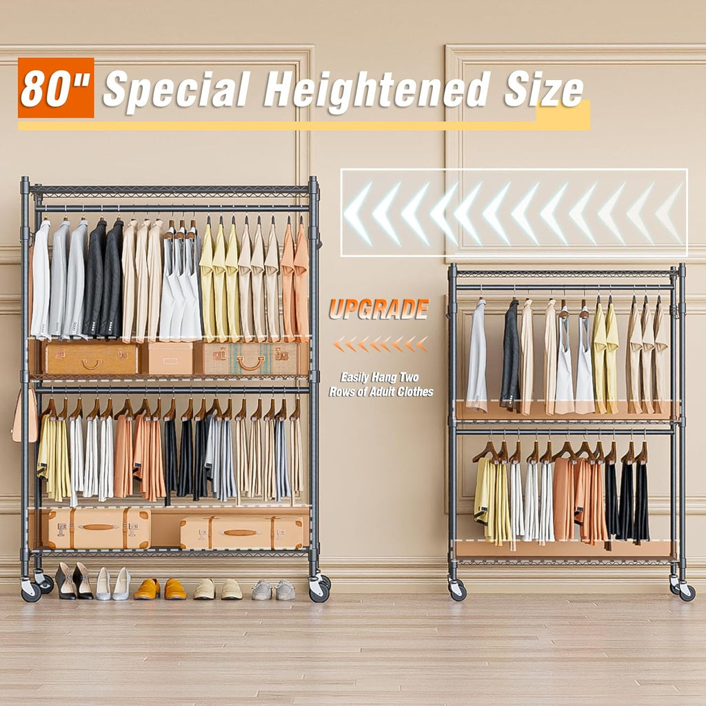 Himimi Double Rod Garment Rack/3 tier Clothes Rail with Height-Adjustable Shelves, Heavy Duty Clothes Rack with 2 Hooks, Clothes Rails with Wheels, 90 * 42 * 205cm, Grey