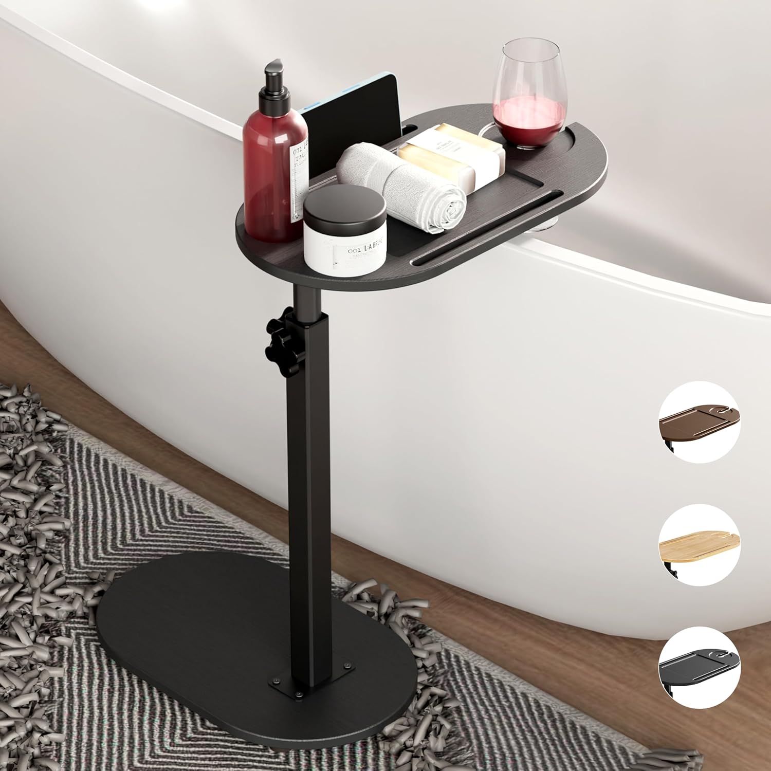 Yumkfoi Bamboo Bathtub Tray Table with Adjustable Height, Freestanding Bathtub Caddy for Tub Against Wall, Tub Organizer Suitable for Luxury Spa and House Warming Gift - Patent Protected (Black)