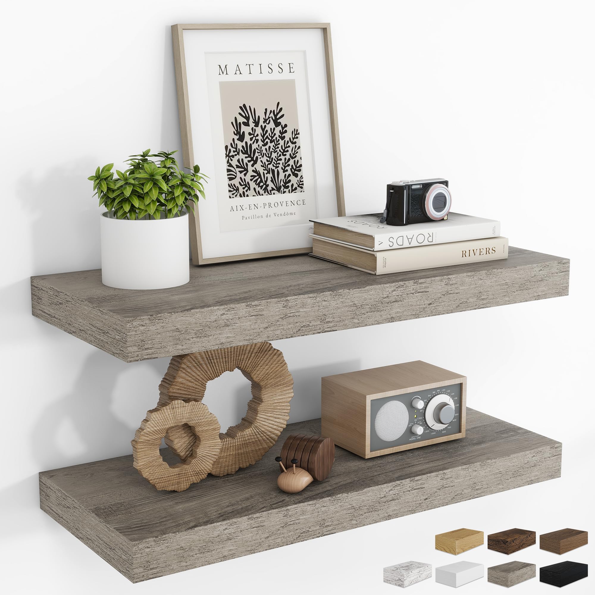 RICHFOCUS 24Inch Floating Shelves for Wall 2 Pack Shelves for Bedroom|Kitchen|Bathroom Wall Mounted Rustic Wood Floating Shelf with Invisible Brackets for Books|Storage|Decor, Oak
