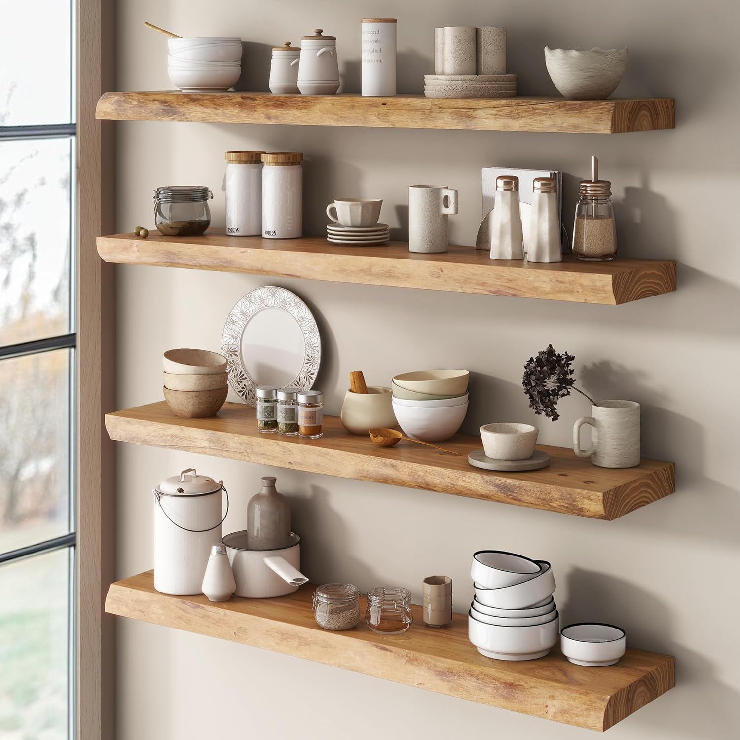 Live Edge Floating Shelves for Wall Decor, Solid Elm Wood Floating Shelves Wall Mounted, Rustic Wall Shelves with Invisible Bracket for Living Room Bathroom Bedroom Kitchen, 24 Inch Set of 2, Natural