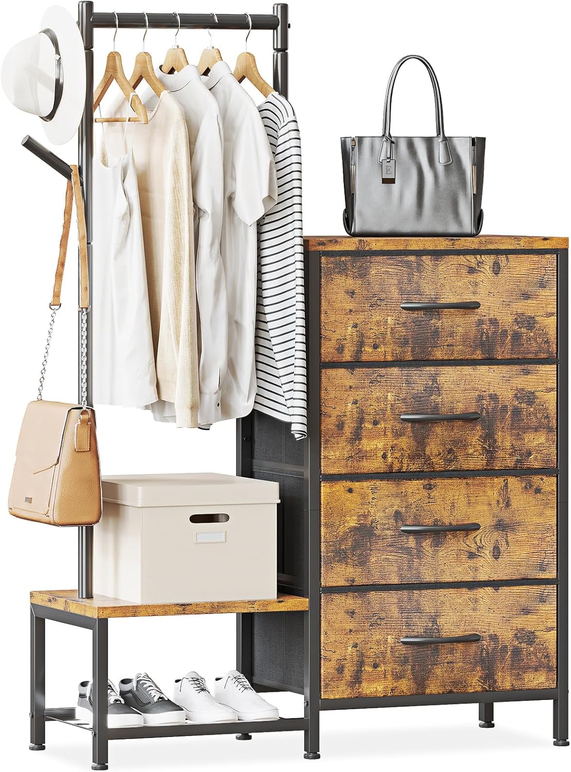 ODK 3 in 1 Chest of Drawers Bedroom, Including 4 Fabric Drawers, with a Sturdy Clothes Rail and 2 Coat Hooks, Double-layer Shoe Rack at the Bottom, Suitable for Bedroom and Entryway, Retro color
