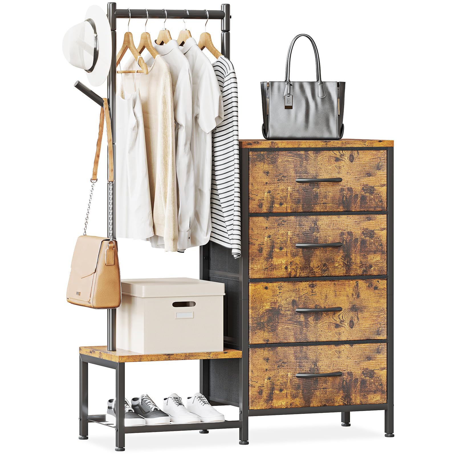 ODK 3 in 1 Chest of Drawers Bedroom, Including 4 Fabric Drawers, with a Sturdy Clothes Rail and 2 Coat Hooks, Double-layer Shoe Rack at the Bottom, Suitable for Bedroom and Entryway, Retro color