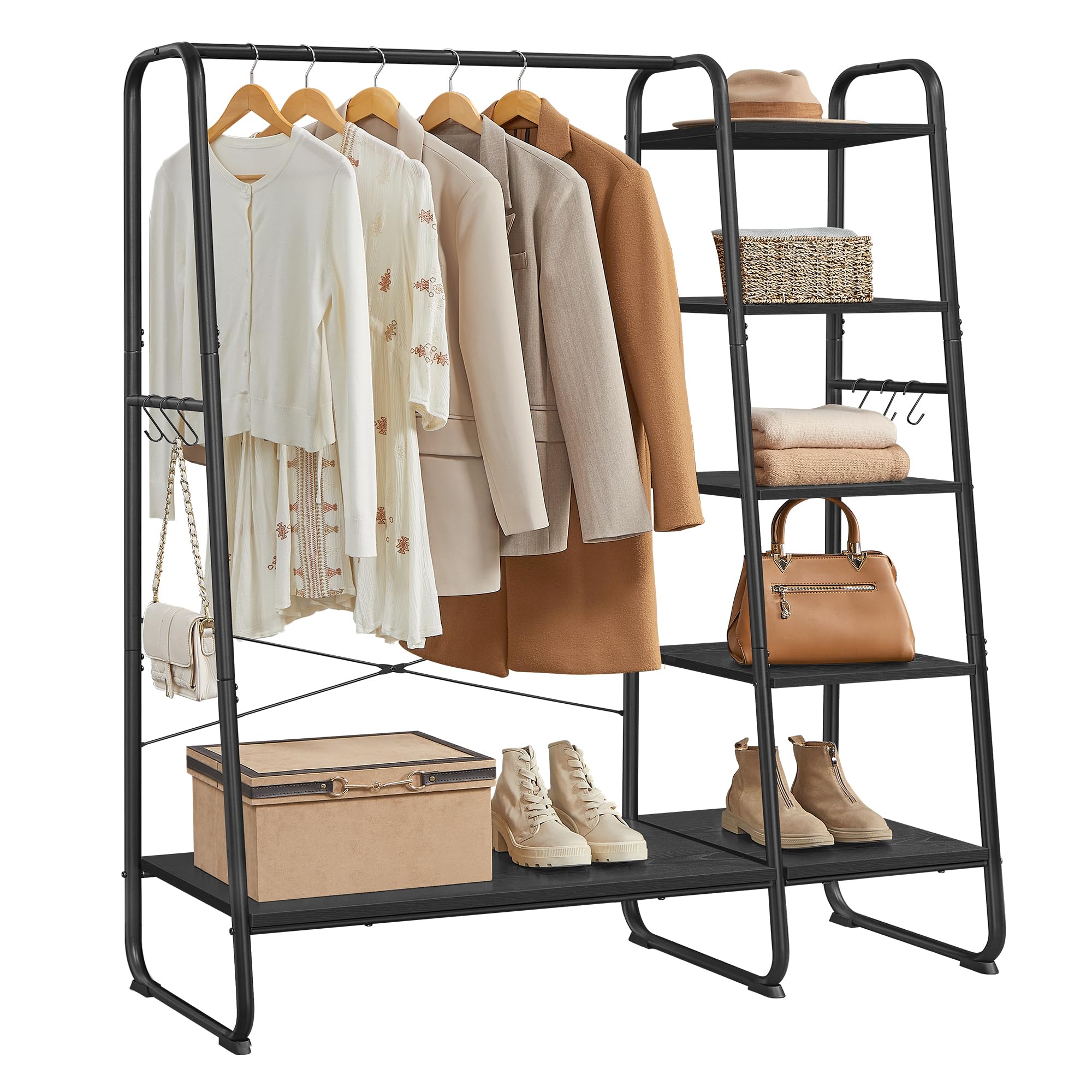 VASAGLE Clothes Rail, Clothes Rack with Shoe Shelf, 5-Tier Storage Rack, 6 Side Hooks, for Bedroom, Living Room, Natural Oak and White RGR116W09