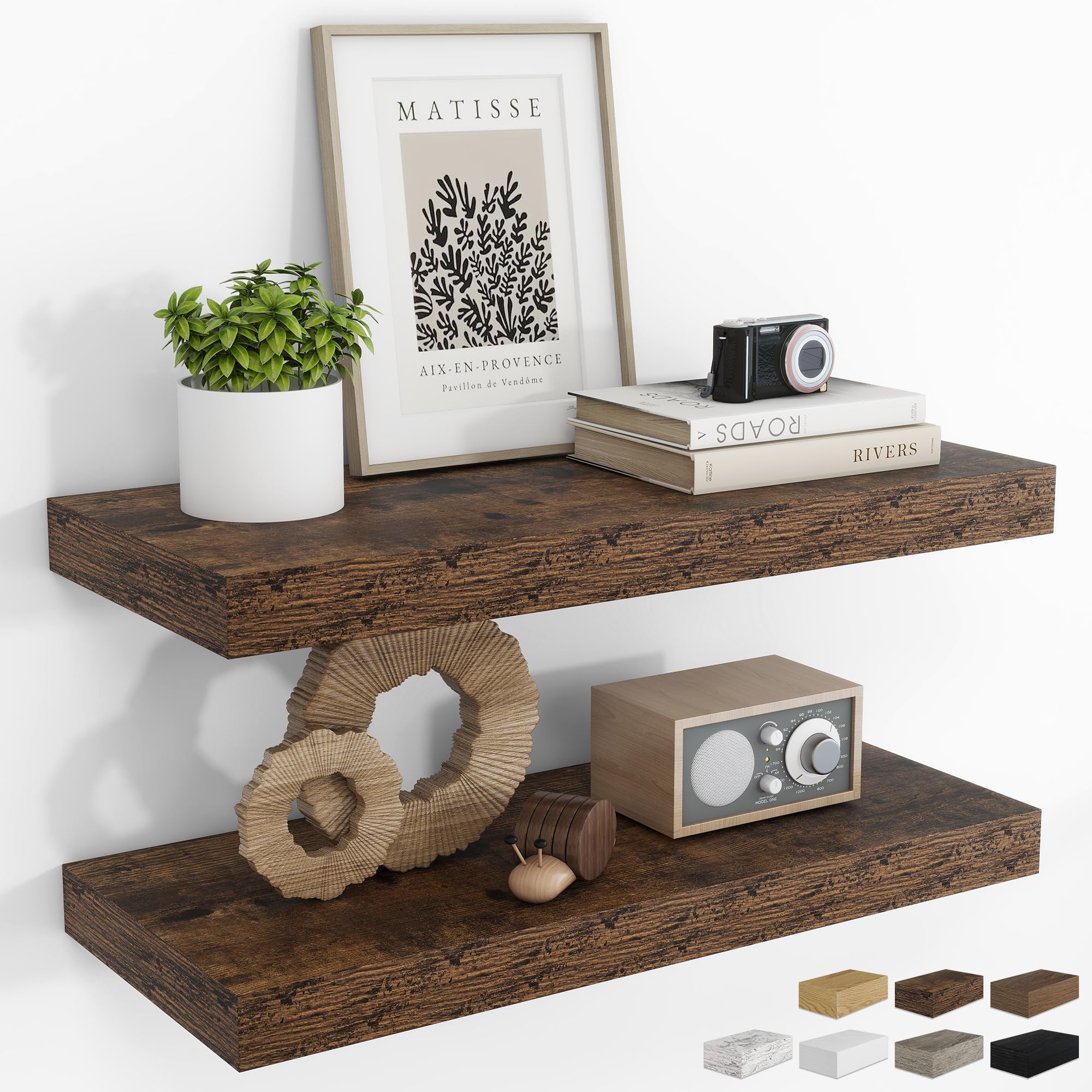 RICHFOCUS 24Inch Floating Shelves for Wall 2 Pack Shelves for Bedroom|Kitchen|Bathroom Wall Mounted Rustic Wood Floating Shelf with Invisible Brackets for Books|Storage|Decor, Oak