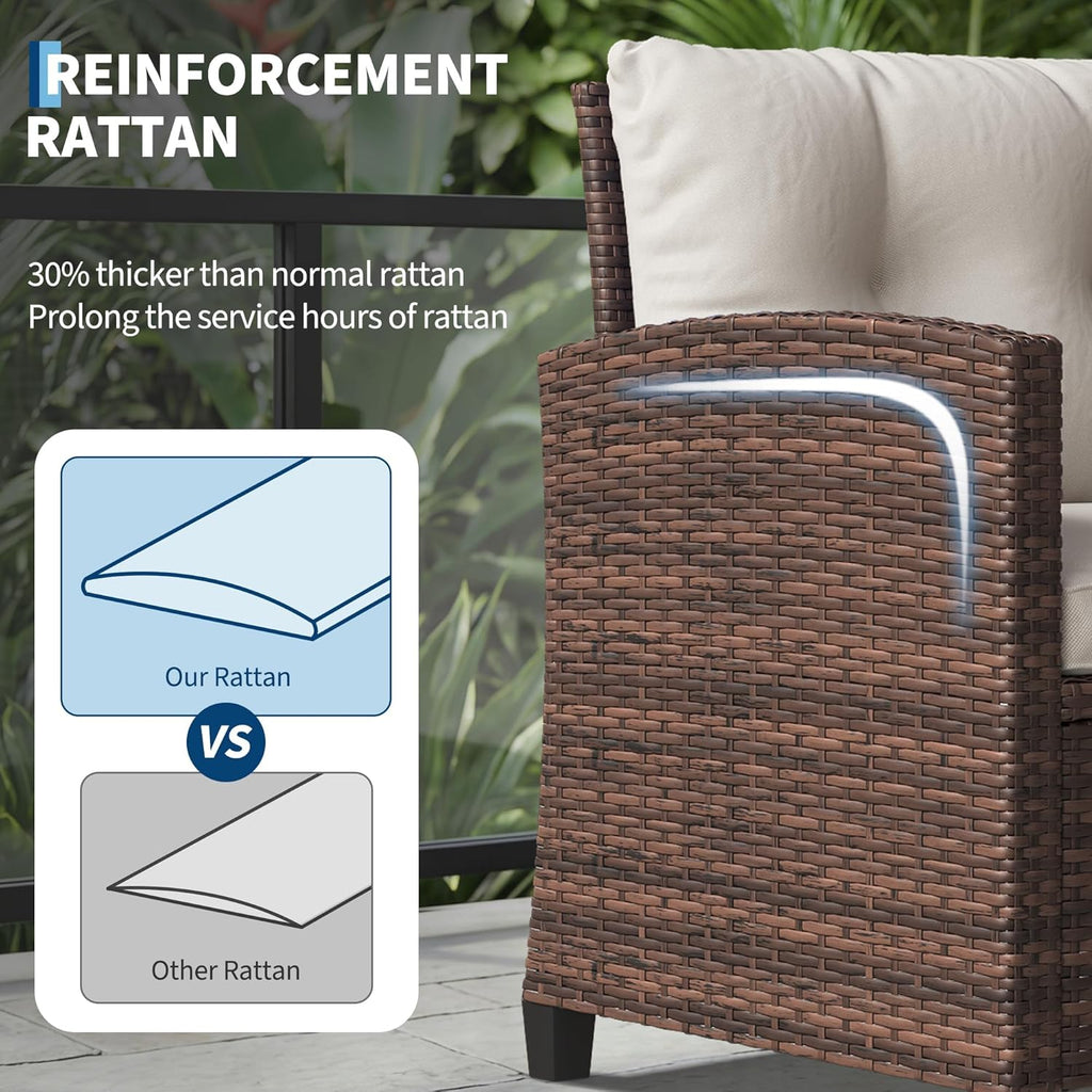Garvee 3 Pieces Rattan Bistro Set, Wicker Garden Furniture Set with Coffee Table and 2 Chairs, Washable Cushions, Water Resistant, Outdoor Table & Chair Set for Outdoor Backyard, Patio, Balcony, Brown