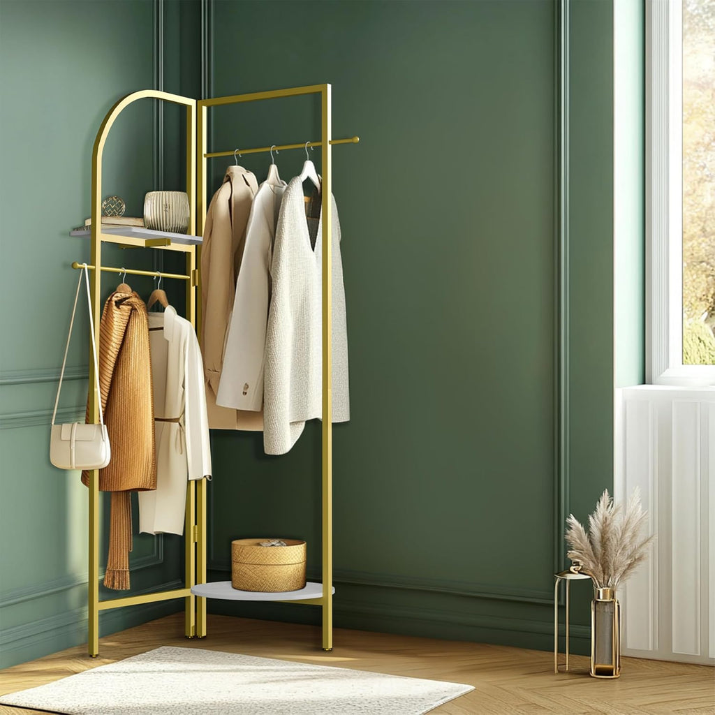 unho Gold Corner Coat Stand with Shelves, Adjustable 90°- 180° Folding Metal Clothes Rack with Hooks & Marble Shelves for Hallway Bedroom Living Room