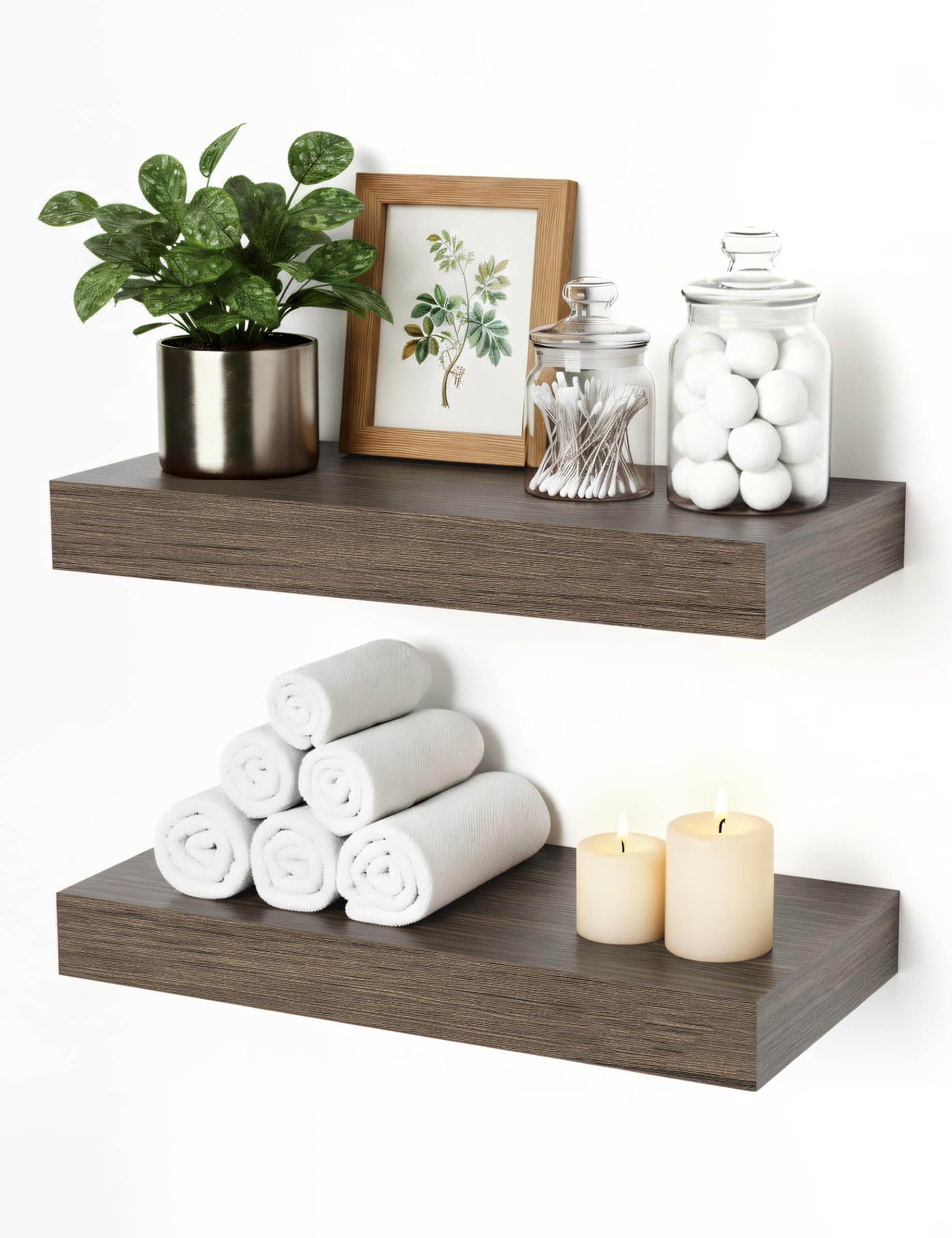 Oak Floating Shelves for Bathroom & Living Room Decor, 24 Inch Rustic Wood Wall Mounted Shelves for Plants, Books, Towels & Storage Display, Set of 2