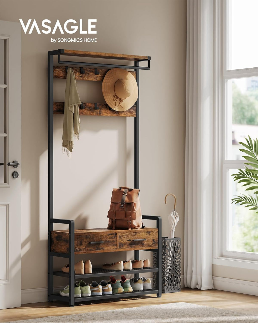 VASAGLE Hall Tree with Bench and Shoe Storage, Hallway Coat Rack with Shoe Bench, 2 Fabric Drawers, 10 Hooks, 30 x 80.4 x 181.6 cm, Vintage Brown and Ink Black HSR429B01