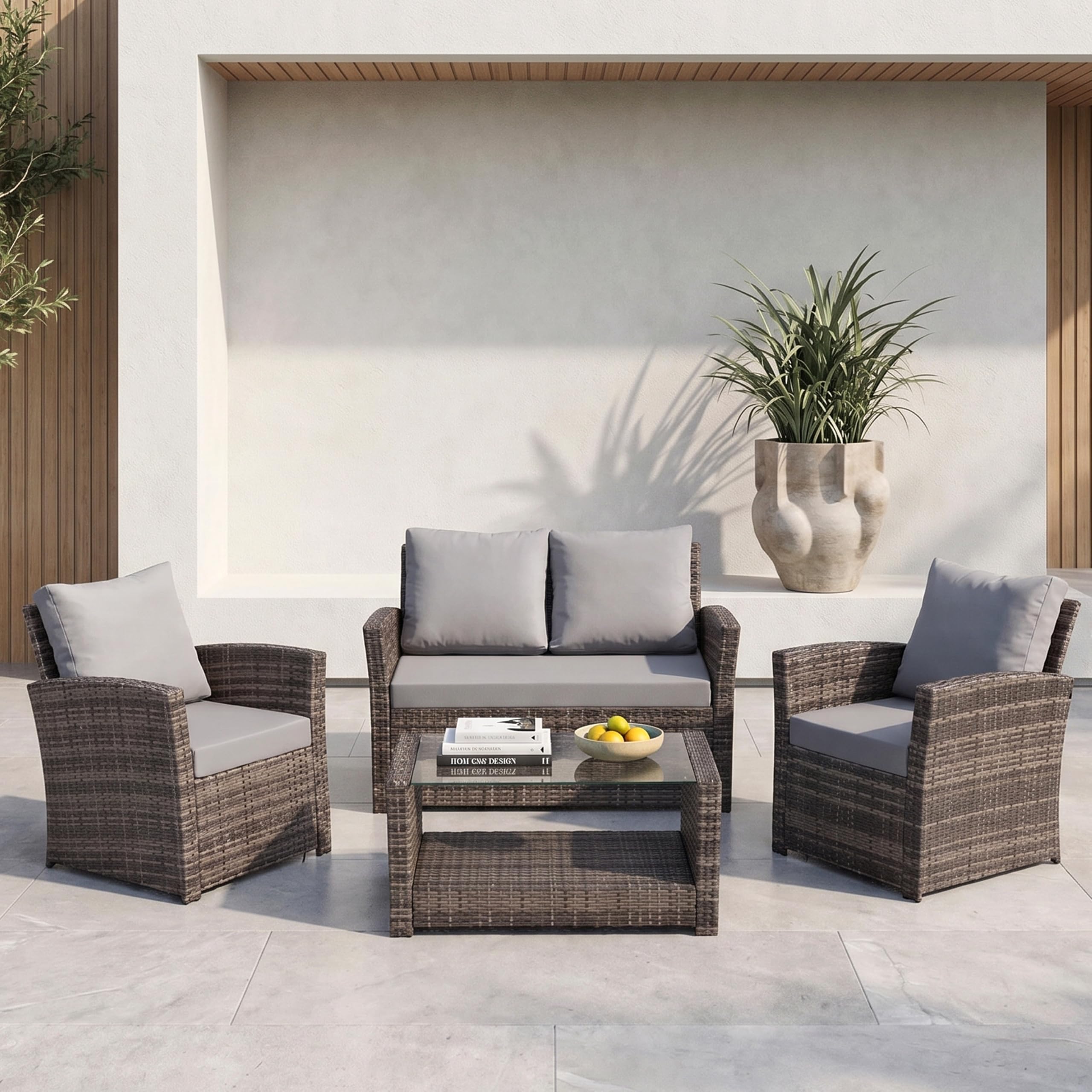 EVRE 4 Seater Rattan Garden Conservatory Patio Furniture Sofa Armchair Roma Set with Glass Top Coffee Table Wicker Weave Sofa and Cushions (Black)