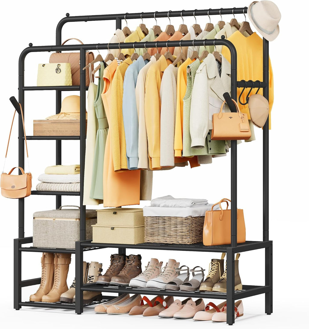 SONGMICS Clothes Rail, Heavy Duty Clothes Rack with 7 Storage Shelves, Double Hanging Rods, Metal Coat Rack, Open Wardrobe for Bedroom, Living Room, Hallway, Black HSR182B01
