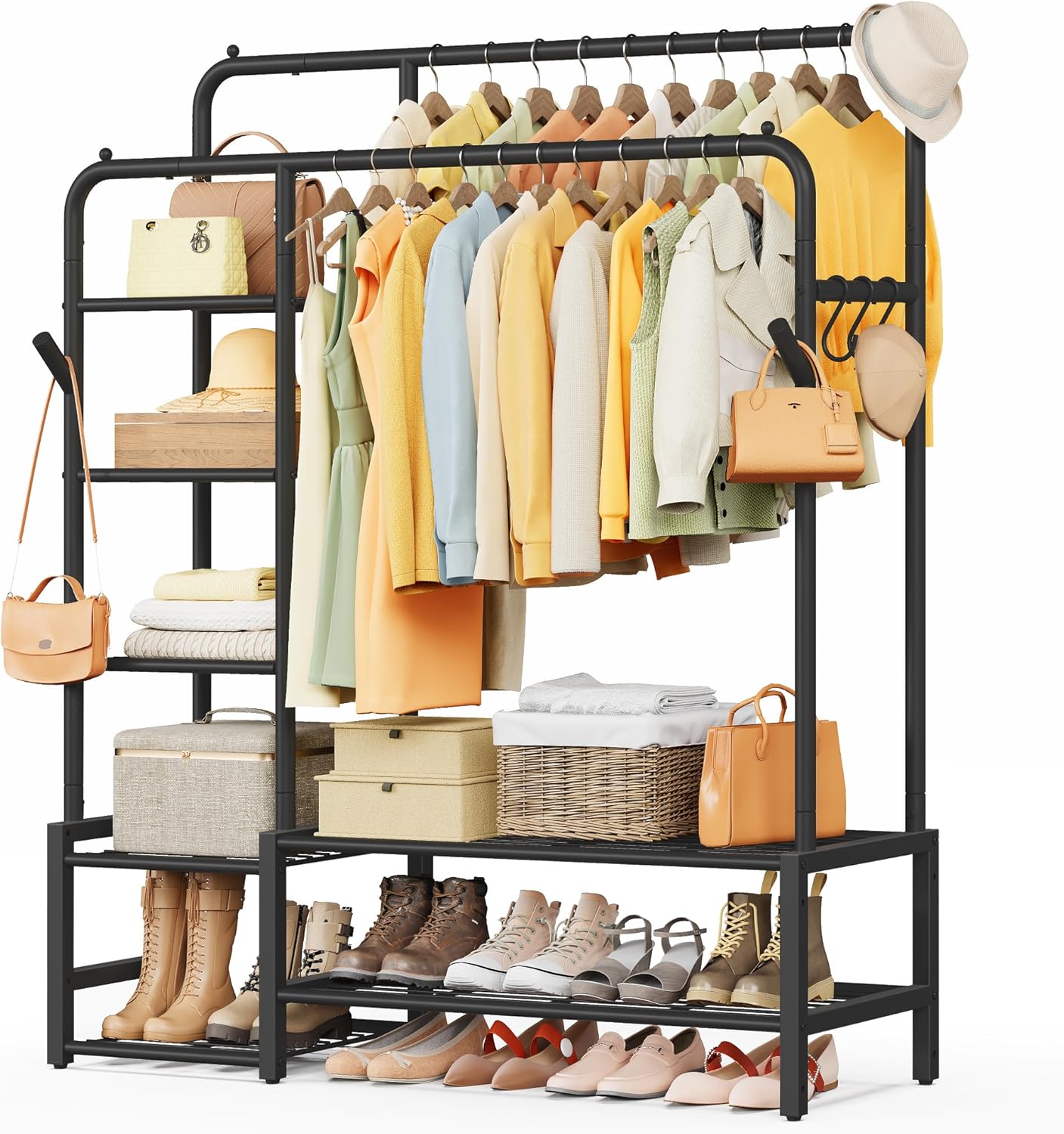 SONGMICS Clothes Rail, Heavy Duty Clothes Rack with 7 Storage Shelves, Double Hanging Rods, Metal Coat Rack, Open Wardrobe for Bedroom, Living Room, Hallway, Black HSR182B01
