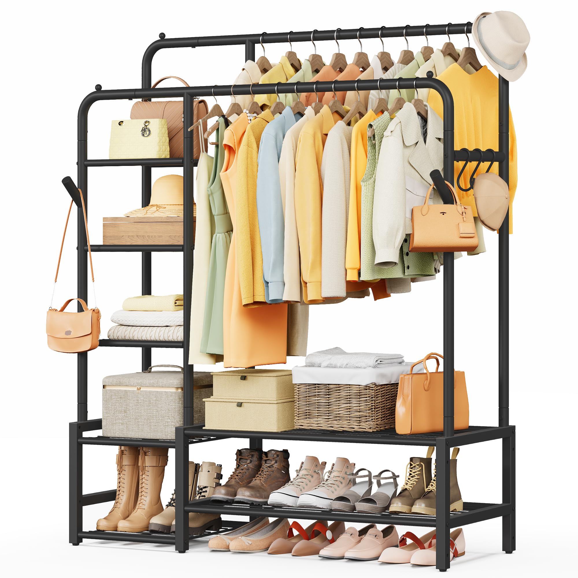 SONGMICS Clothes Rail, Heavy Duty Clothes Rack with 7 Storage Shelves, Double Hanging Rods, Metal Coat Rack, Open Wardrobe for Bedroom, Living Room, Hallway, Black HSR182B01