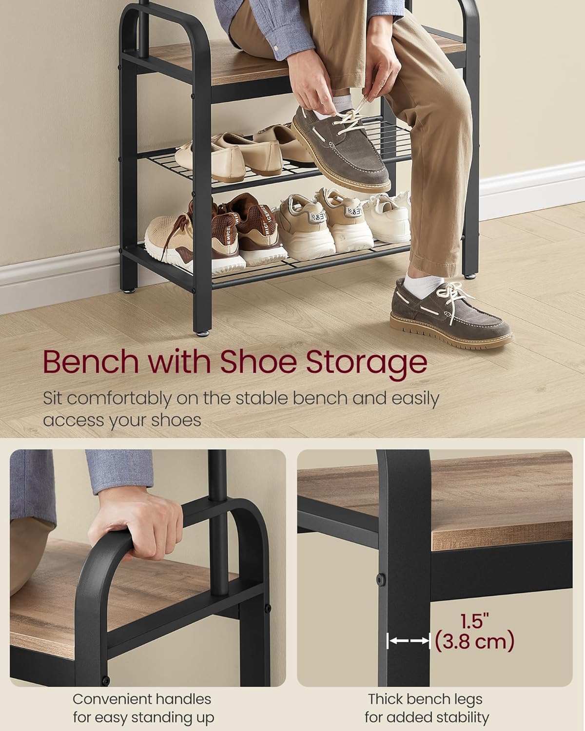 VASAGLE Coat Rack, Coat Stand with Shoe Storage Bench, 4-in-1 Design, with 9 Removable Hooks, a Clothes Rail, for Hallway, Entrance, 34 x 72 x 183 cm, Industrial, Camel Brown and Ink Black HSR040K02