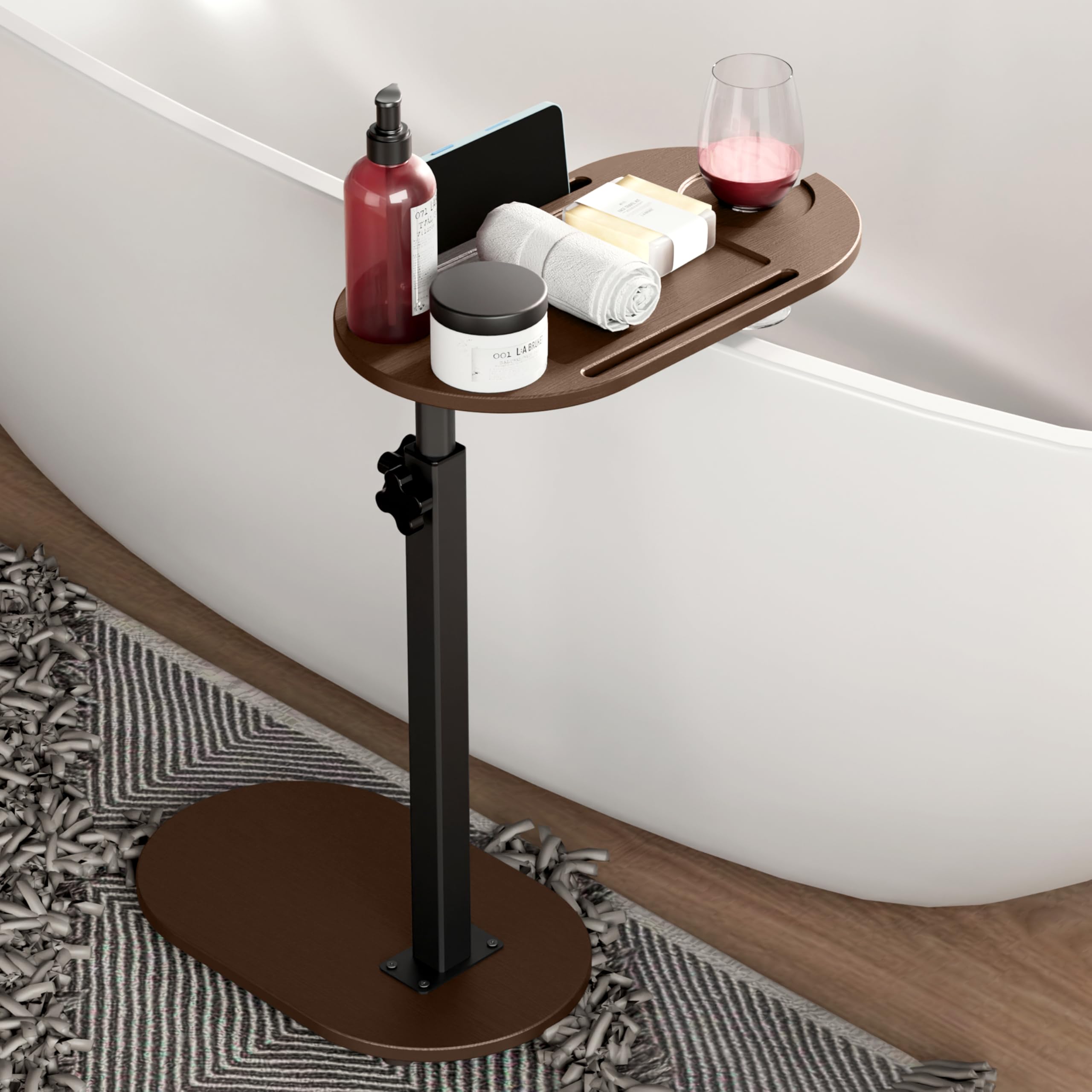 Yumkfoi Bamboo Bathtub Tray Table with Adjustable Height, Freestanding Bathtub Caddy for Tub Against Wall, Tub Organizer Suitable for Luxury Spa and House Warming Gift - Patent Protected (Black)