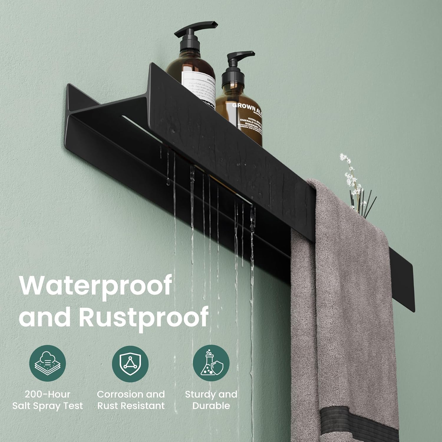 Mai & Mai Shower Caddy No Drill, Bathroom Storage Shelf with Screw Mounting and Optional Adhesive Installation, 60cm Wall Mounted Shower Shelf with Towel Hanging Space, Reglo-03, Matte Black