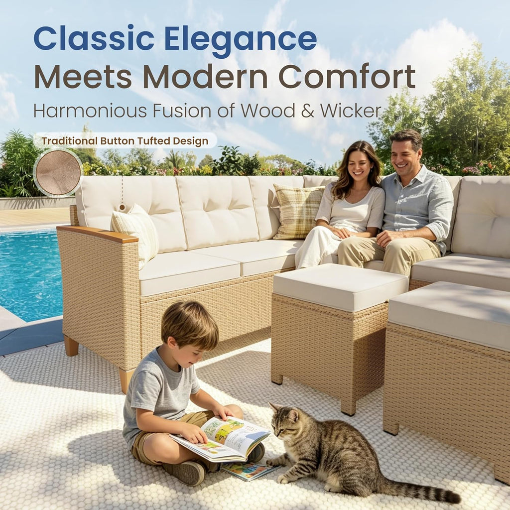 PHI VILLA 8 Seater Rattan Garden Furniture Sets, L Shaped Modular Outdoor Corner Sofa Set All Weather for Patio with Rising Table and 2 Ottomans, Beige