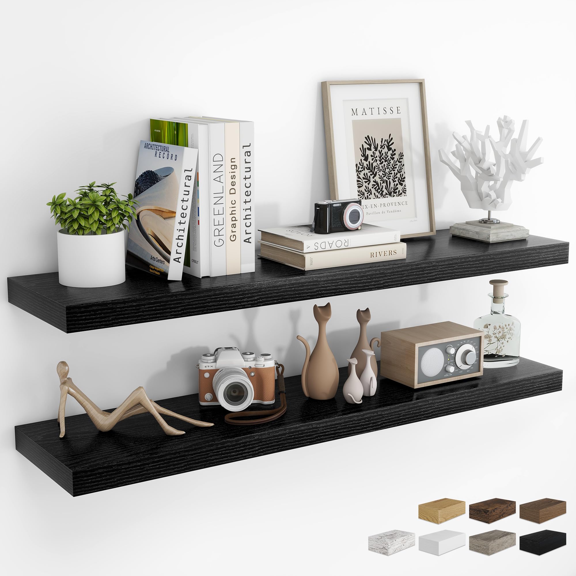 RICHFOCUS 24Inch Floating Shelves for Wall 2 Pack Shelves for Bedroom|Kitchen|Bathroom Wall Mounted Rustic Wood Floating Shelf with Invisible Brackets for Books|Storage|Decor, Oak