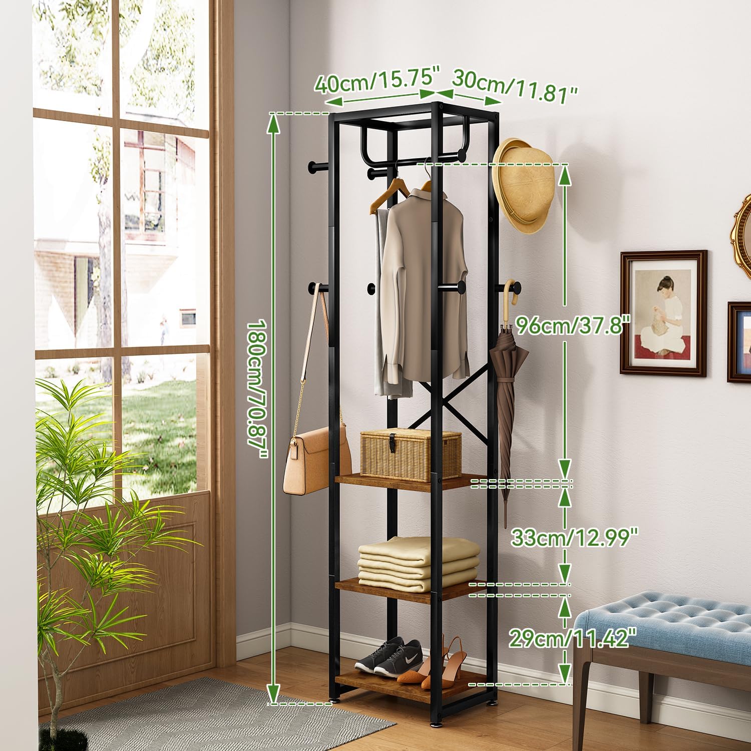 IBUYKE Coat Rack, Freestanding Coat Stand with 3 Shelves and 8 Hooks, Industrial Clothes Stand for Entryway, Hallway, Bedroom, 180 x 40 x 30 cm, Rustic Brown TMJ088H