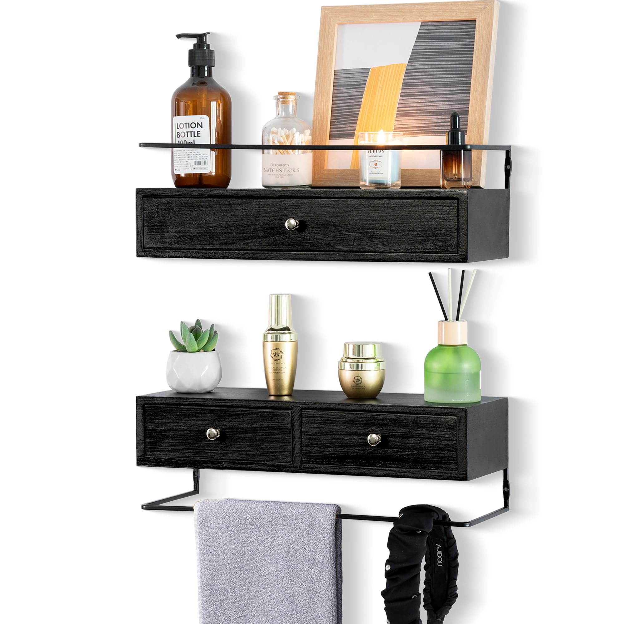 Dreampossible Floating Shelves With Drawers Set of 2 - Wall Mounted Storage for Bathroom, Living Room, Kitchen - Rustic Wood Wall Decor for Plants, Books