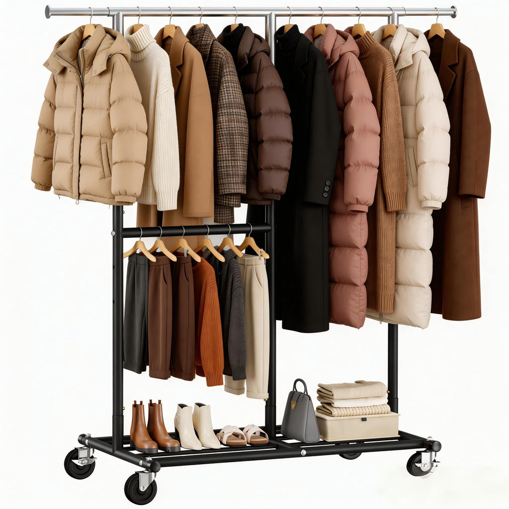 REIBII Double Rod Clothes Rail with Lockable Wheels & Adjustable Shelf – 136kg Heavy Duty Hanging Rack for Clothes– Telescopic Extends to 175cm – Space-Saving Storage for Bedroom, University Dorm