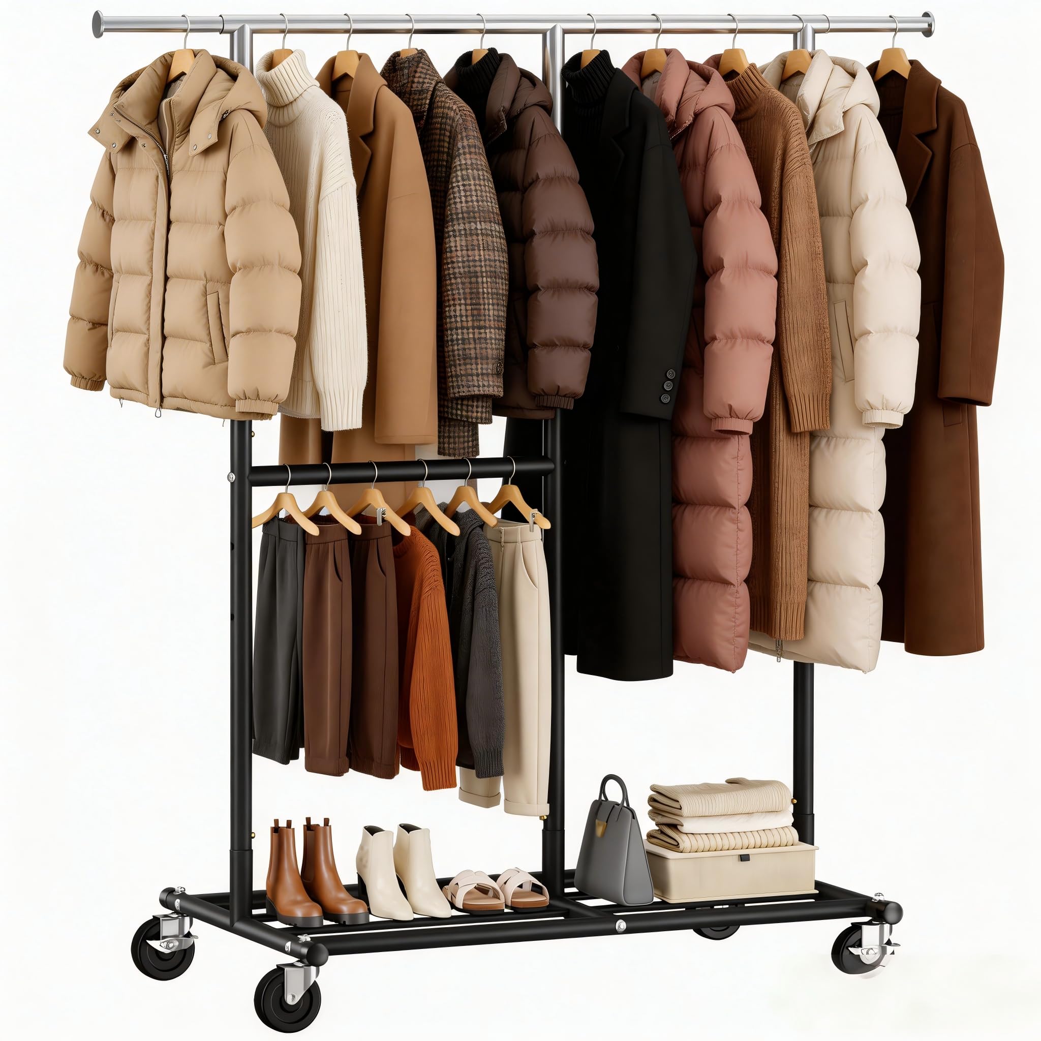 REIBII Double Rod Clothes Rail with Lockable Wheels & Adjustable Shelf – 136kg Heavy Duty Hanging Rack for Clothes– Telescopic Extends to 175cm – Space-Saving Storage for Bedroom, University Dorm