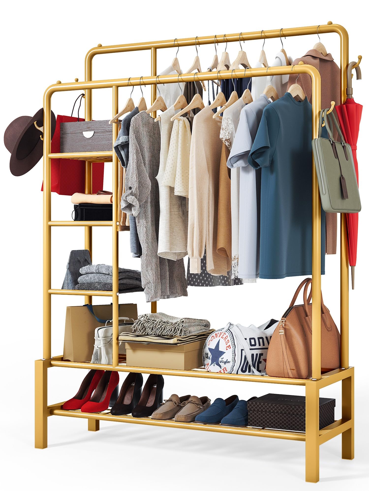 Klass Home Collection Heavy Duty Clothes Rail, 120KG White Metal Rack With Double Hanging Clothing Rail, Shoe Rack, Storage Shelves & 4 Coat Hooks, Wardrobe Clothes Rails For Bedroom Office Shop