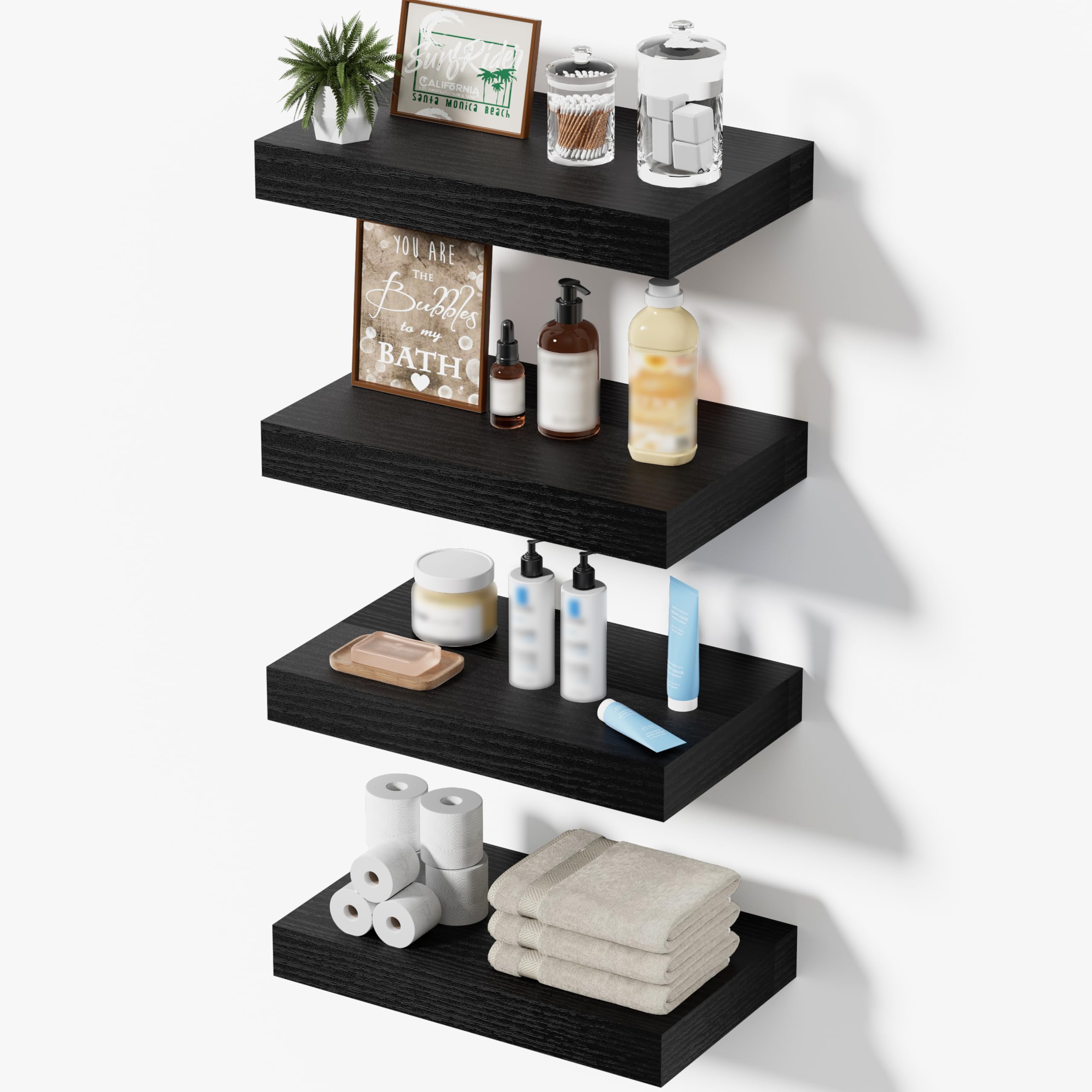 Oak Floating Shelves for Bathroom & Living Room Decor, 24 Inch Rustic Wood Wall Mounted Shelves for Plants, Books, Towels & Storage Display, Set of 2