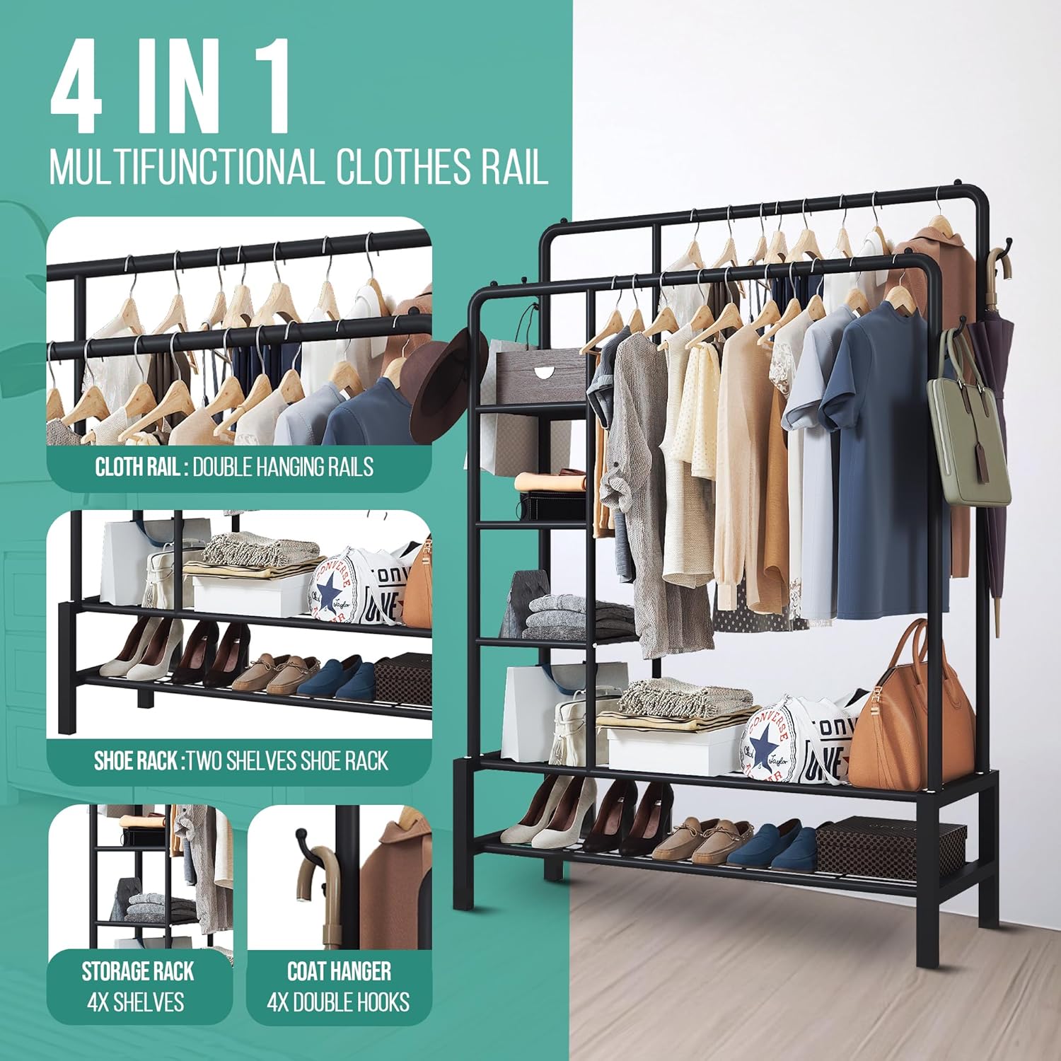 Klass Home Collection Heavy Duty Clothes Rail, 120KG Black Metal Rack With Double Hanging Clothing Rail, Shoe Rack, Storage Shelves & 4 Coat Hooks, Wardrobe Clothes Rails For Bedroom Office Shop