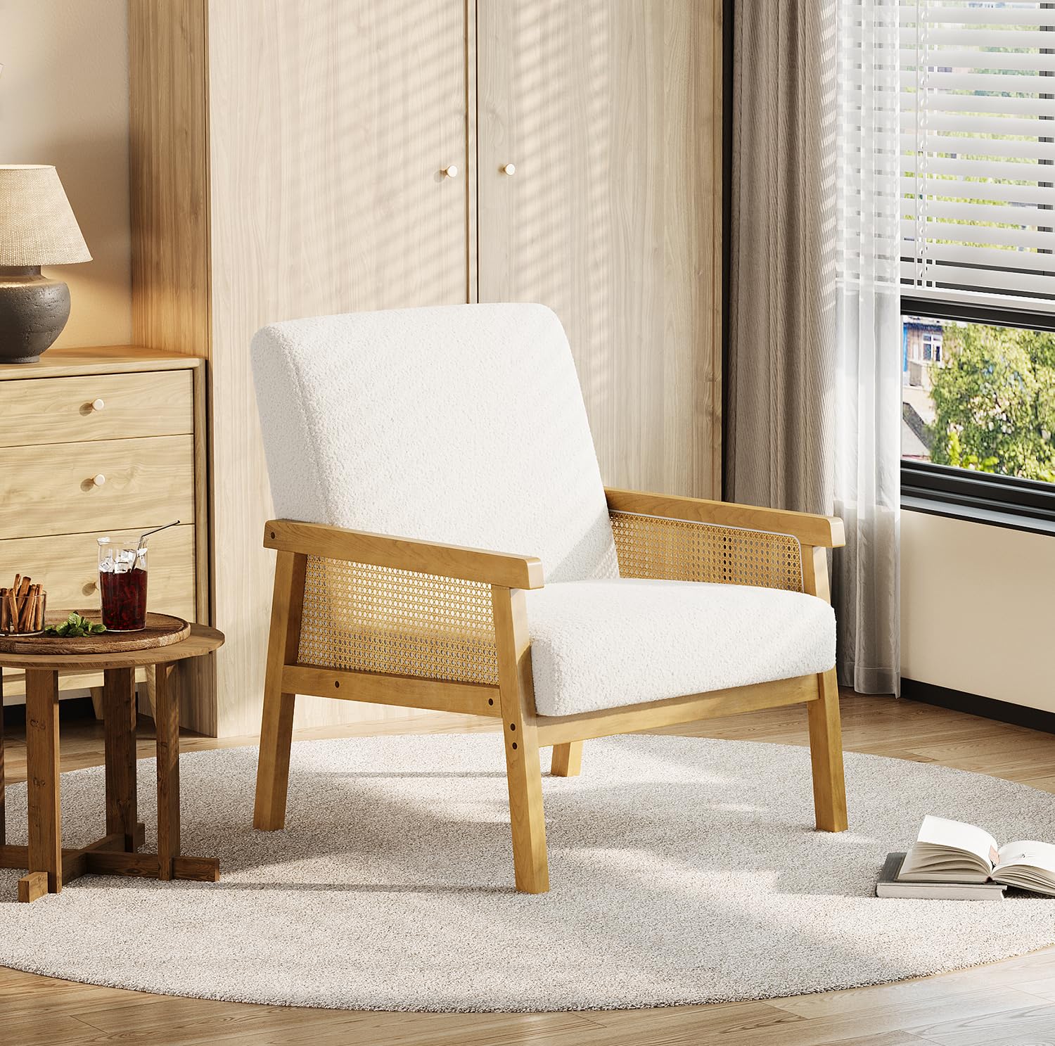 Boucle Fabric Accent Chair with Rattan Sides, Modern Living Room Armchair High Back Upholstered Reading Chair with Wide Arm, Fabric Lounge Single Sofa for Bedroom Guest Room