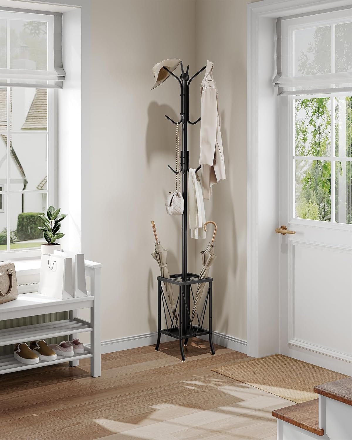 CHOEZON Coat Stand with Umbrella Holder, Coat Rack Freestanding, Entryway Hanger Stand with12 Hooks, Metal Hall Tree for Bags, Coats, Hats, Entryway, Hallway, Living Room, Bedroom, Black DTYM01BB