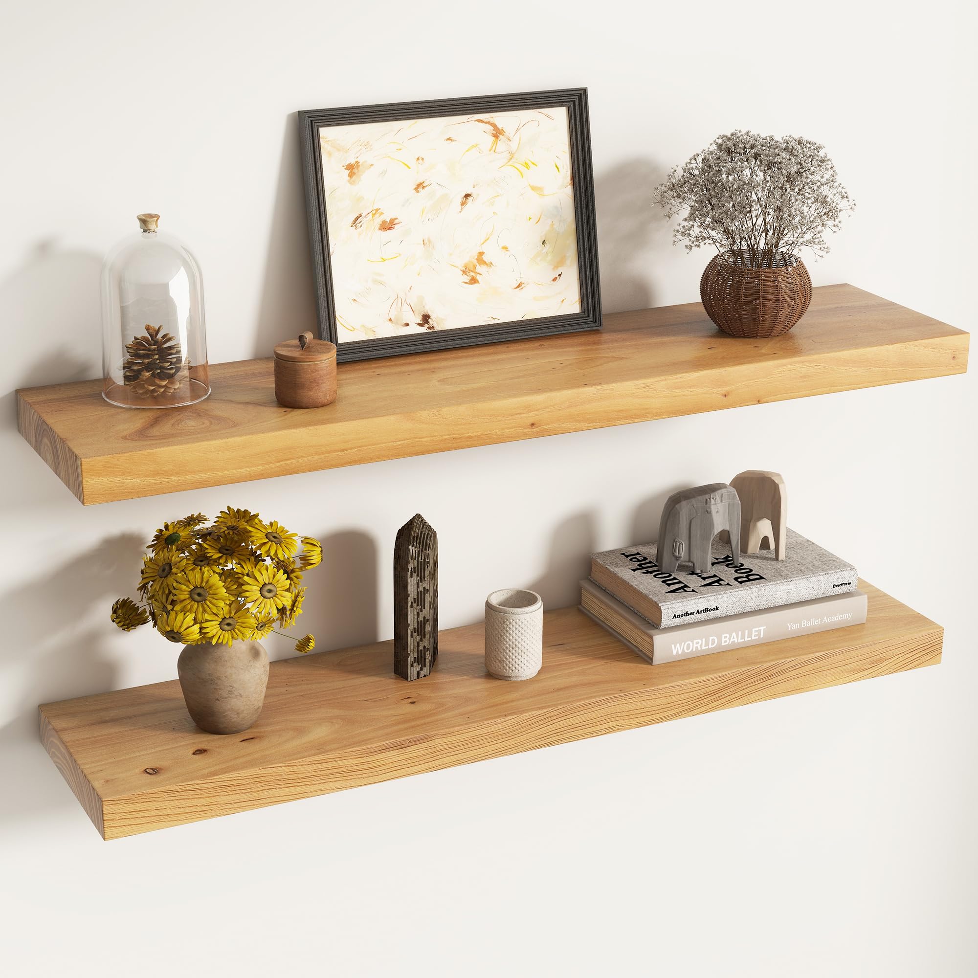 Live Edge Floating Shelves for Wall Decor, Solid Elm Wood Floating Shelves Wall Mounted, Rustic Wall Shelves with Invisible Bracket for Living Room Bathroom Bedroom Kitchen, 24 Inch Set of 2, Natural